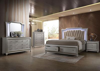 Kaitlyn Champagne Eastern King LED Storage Bed w/Dresser and Mirror