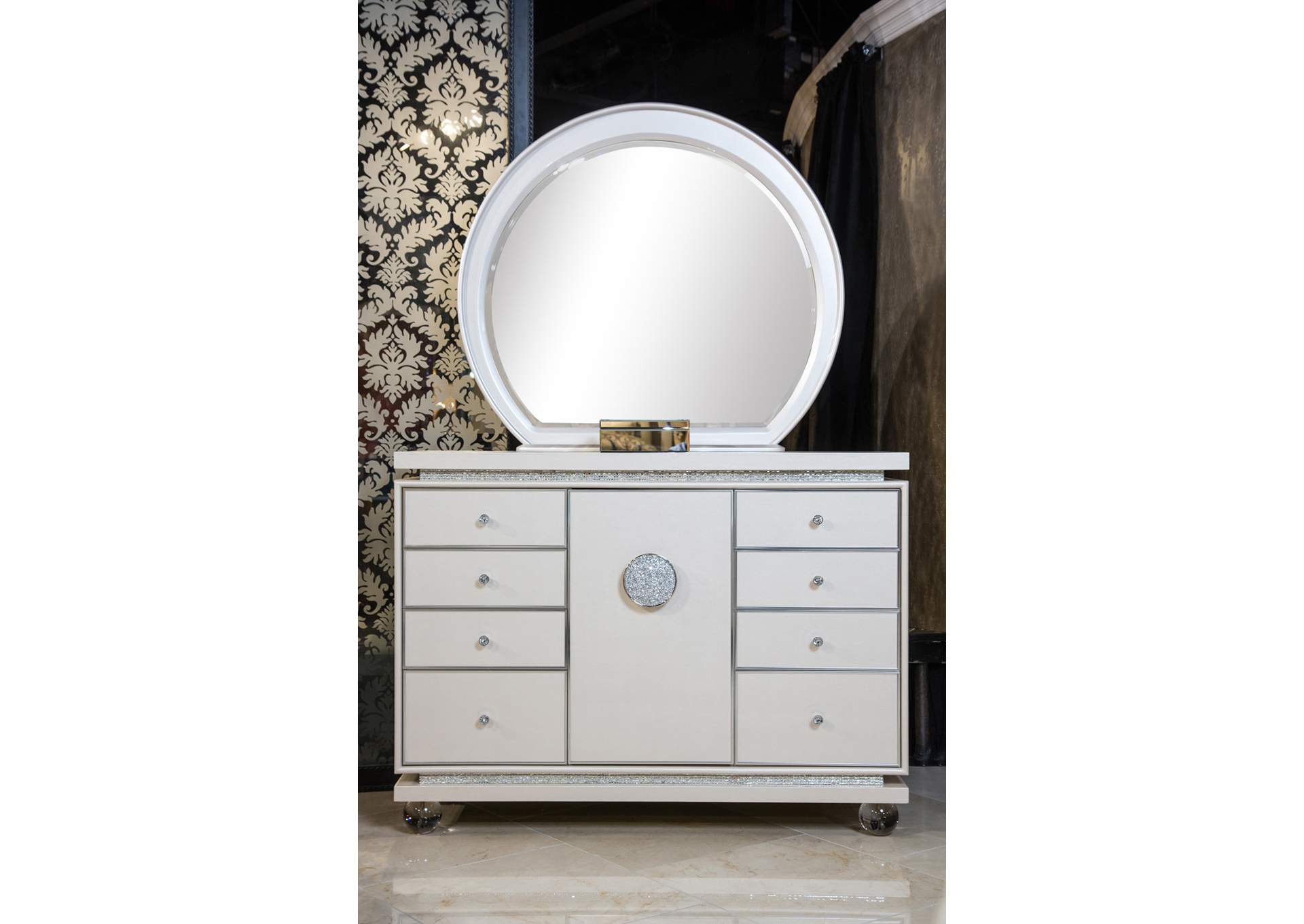 Glimmering Heights Ivory Upholstered Dresser and Mirror (2 Pc),Michael Amini (AICO)