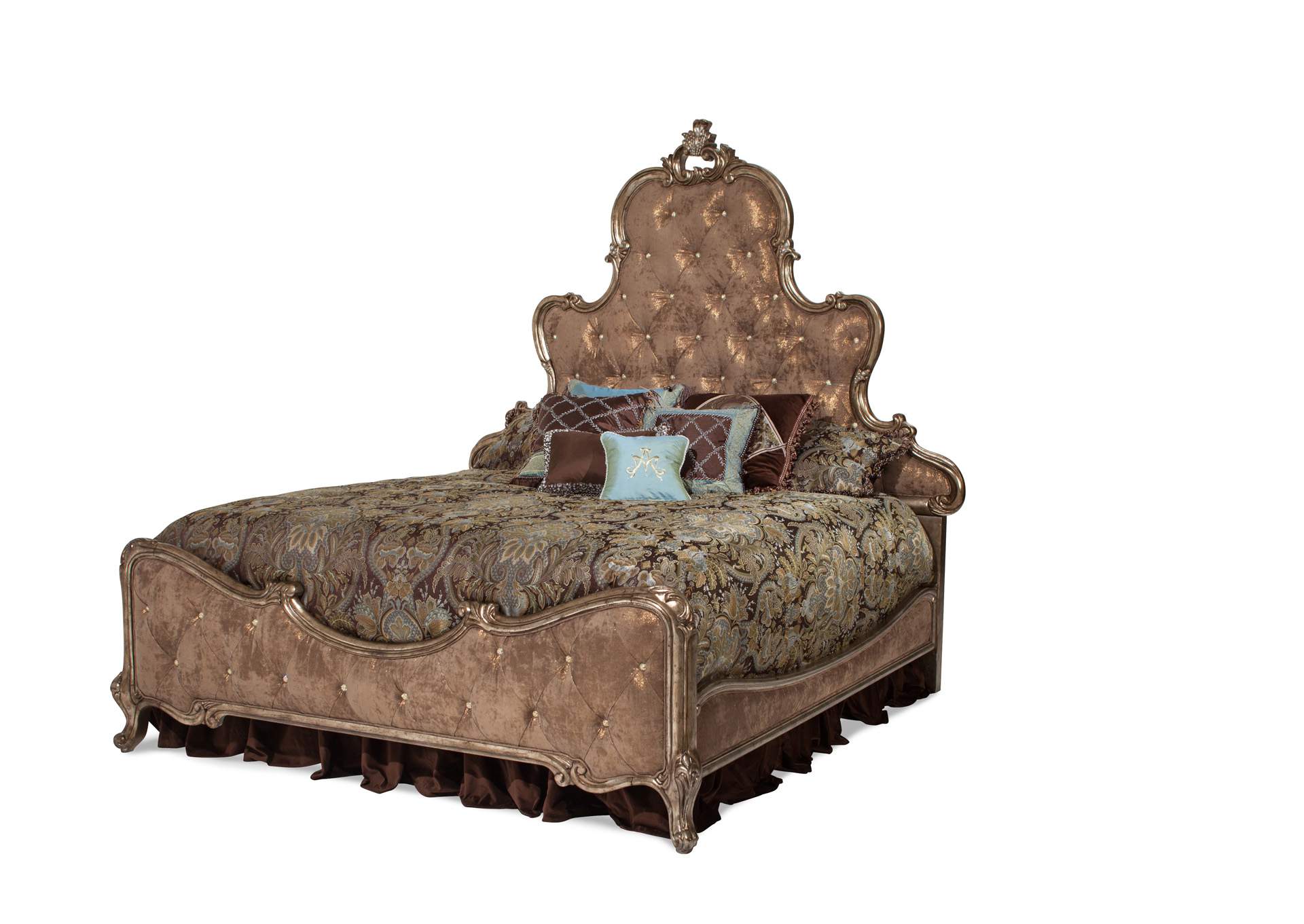 Platine de Royale Antique Platinum California King Panel Bed w/Brown Fabric,Michael Amini (AICO)