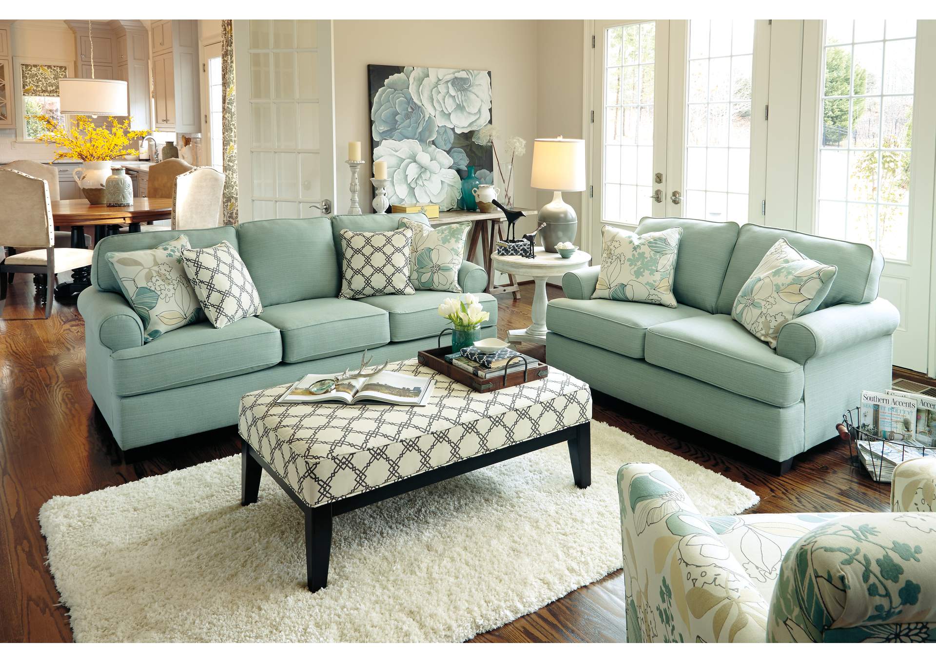 boho living room seafoam green