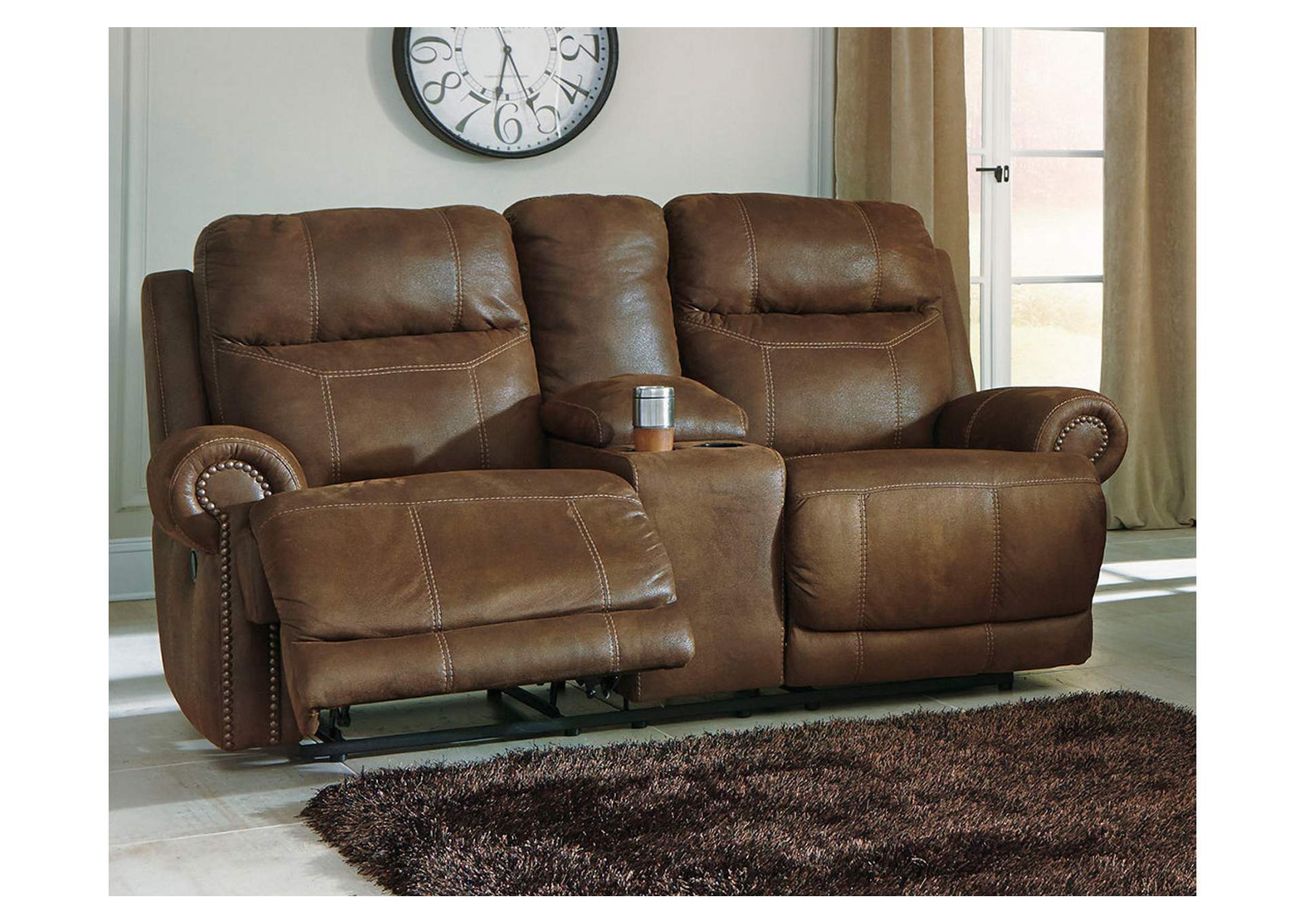 austere brown double reclining loveseat w console ivan smith