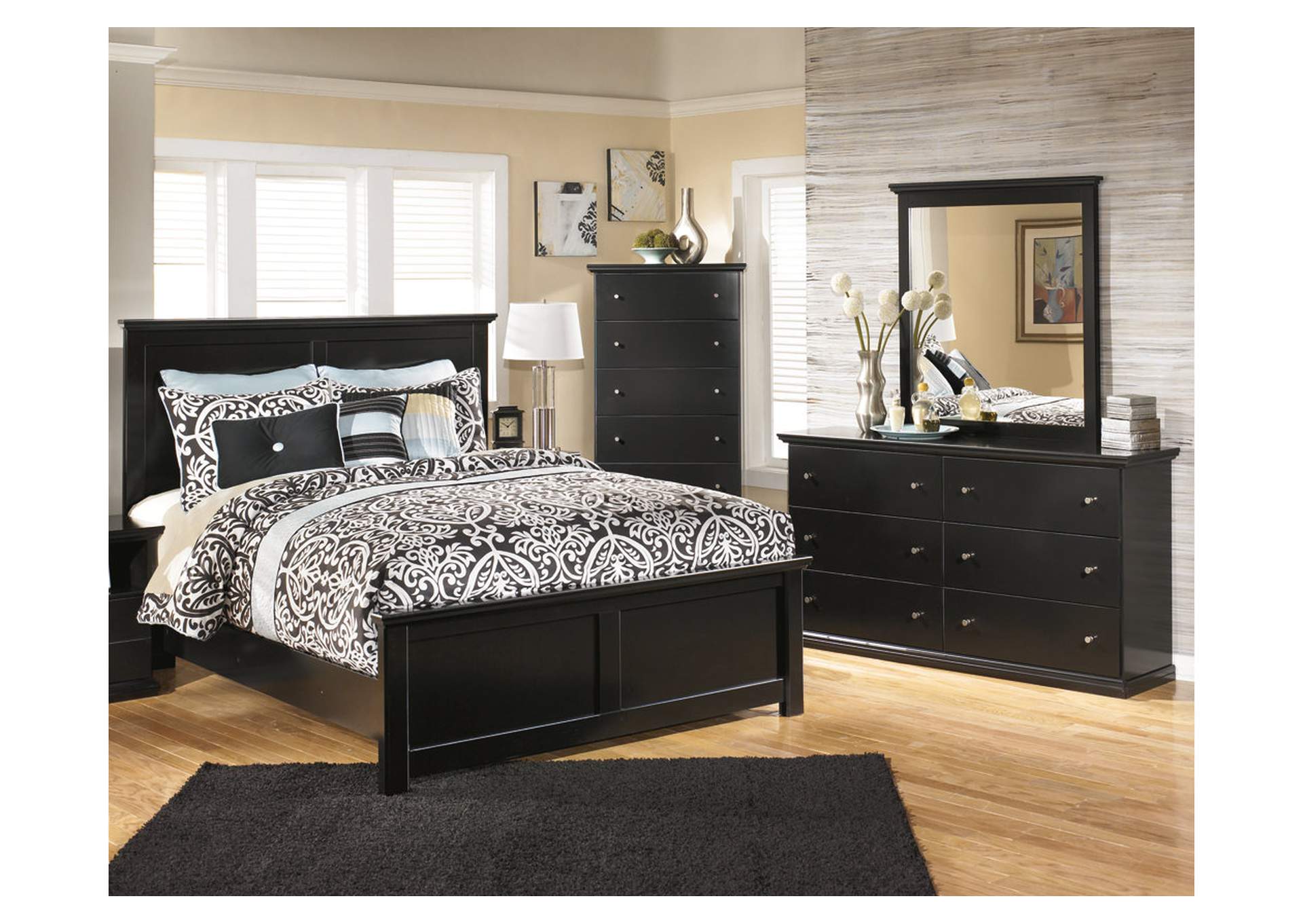 Maribel King/California King Panel Headboard Bed with Mirrored Dresser and Chest