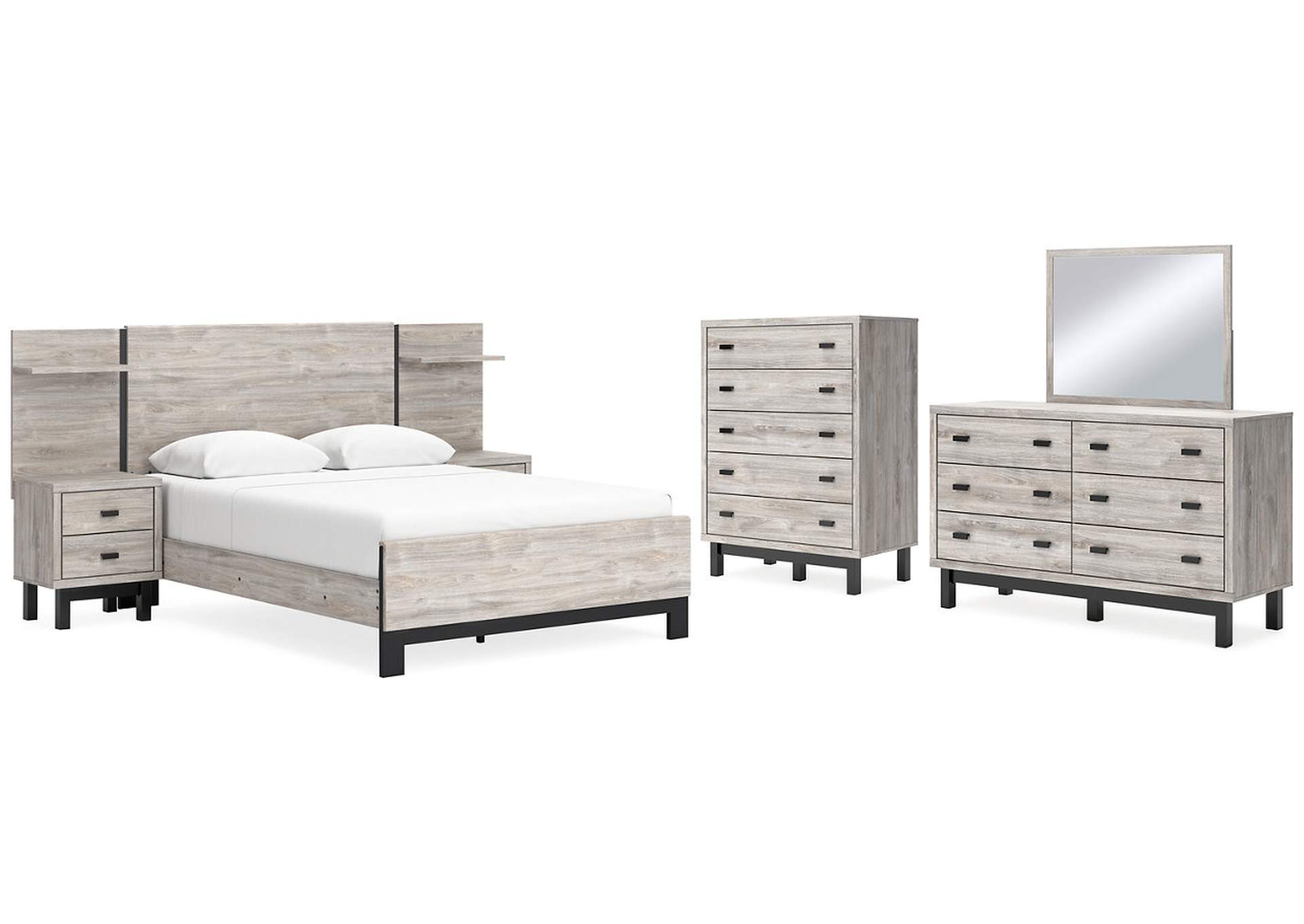 Vessalli Queen Panel Bed with Headboard Extensions and 2 Nightstands with Mirrored Dresser and Chest,Signature Design By Ashley