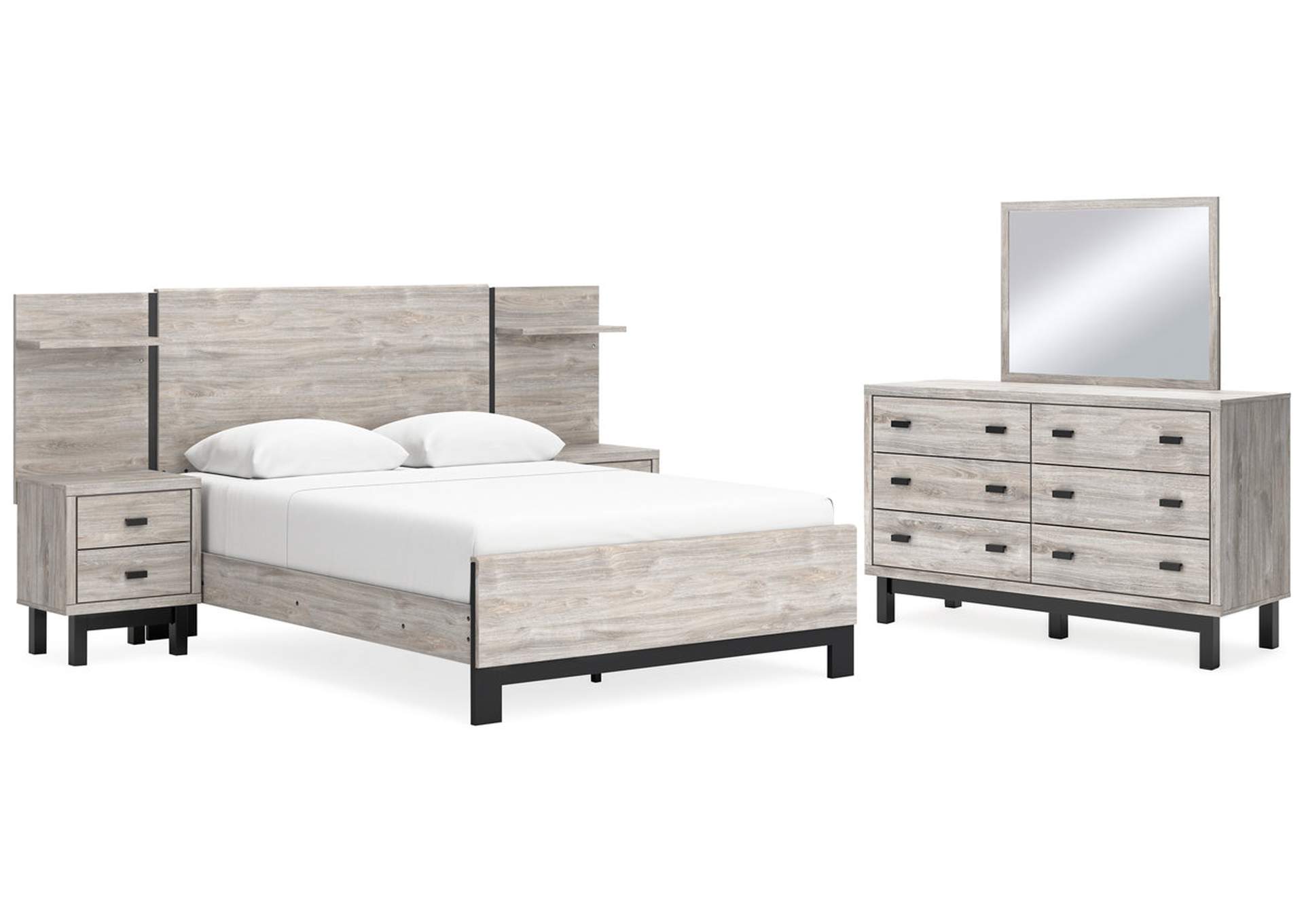 Vessalli Queen Panel Bed with Headboard Extensions and 2 Nightstands with Mirrored Dresser,Signature Design By Ashley