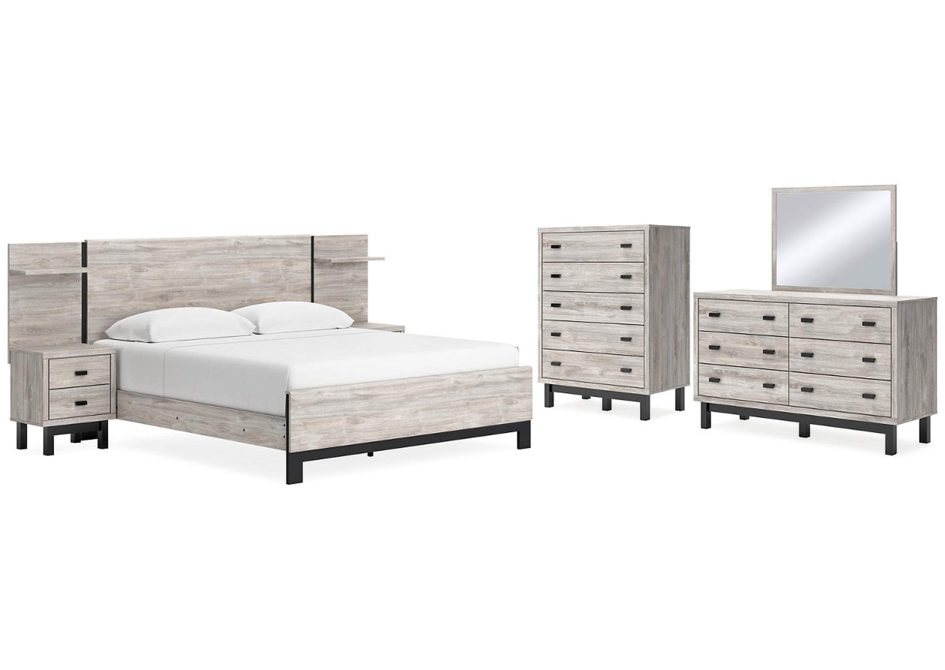 Vessalli King Panel Bed with Headboard Extensions and 2 Nightstands with Mirrored Dresser and Chest,Signature Design By Ashley