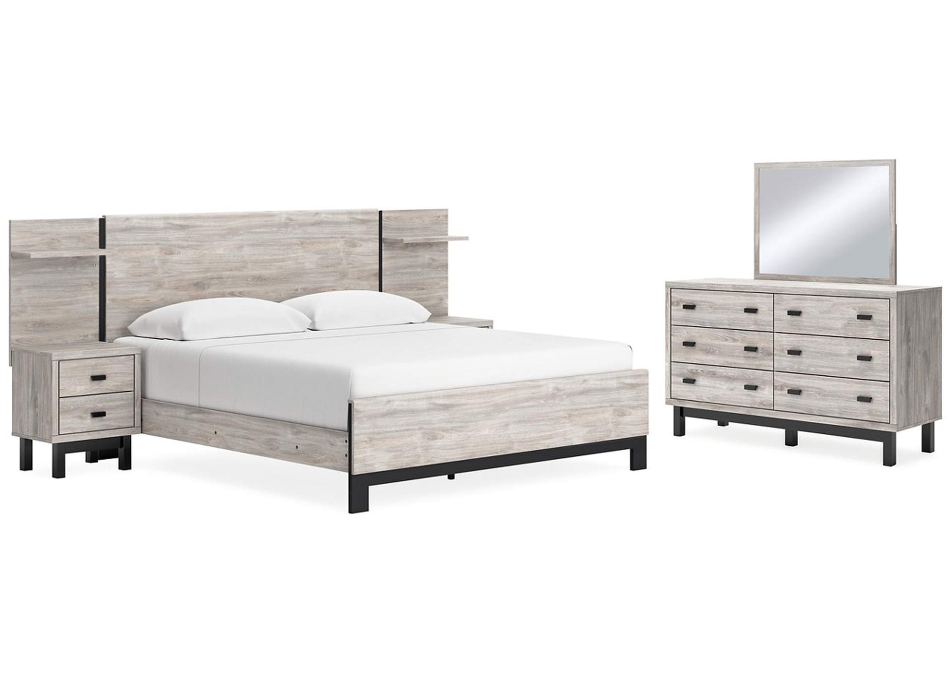 Vessalli King Panel Bed with Headboard Extensions and 2 Nightstands with Mirrored Dresser,Signature Design By Ashley