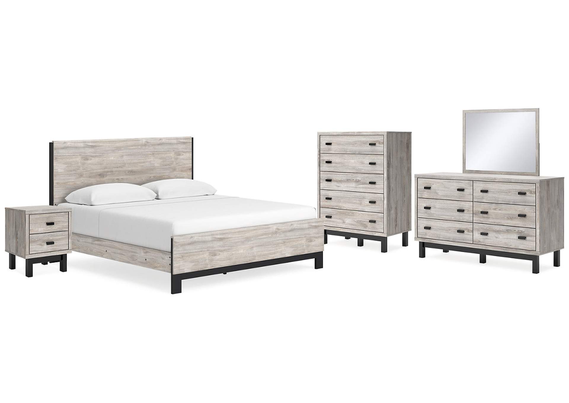 Vessalli King Panel Bed with Mirrored Dresser, Chest and Nightstand,Signature Design By Ashley