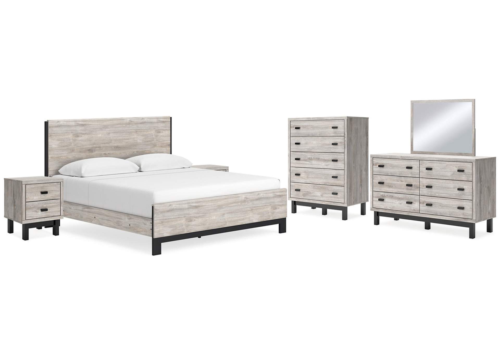 Vessalli King Panel Bed with Mirrored Dresser, Chest and 2 Nightstands,Signature Design By Ashley