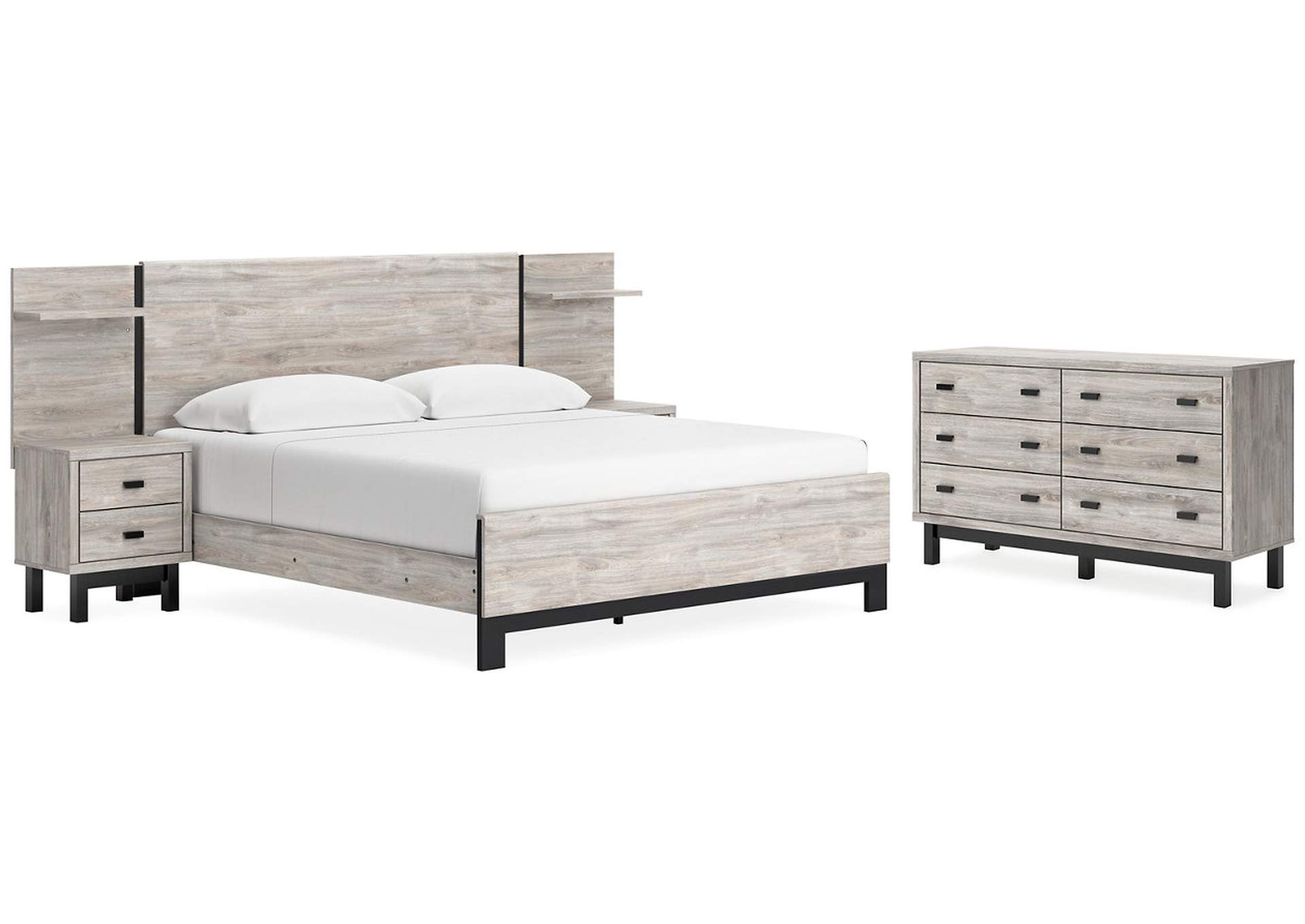 Vessalli King Panel Bed with Headboard Extensions and 2 Nightstands with Dresser,Signature Design By Ashley