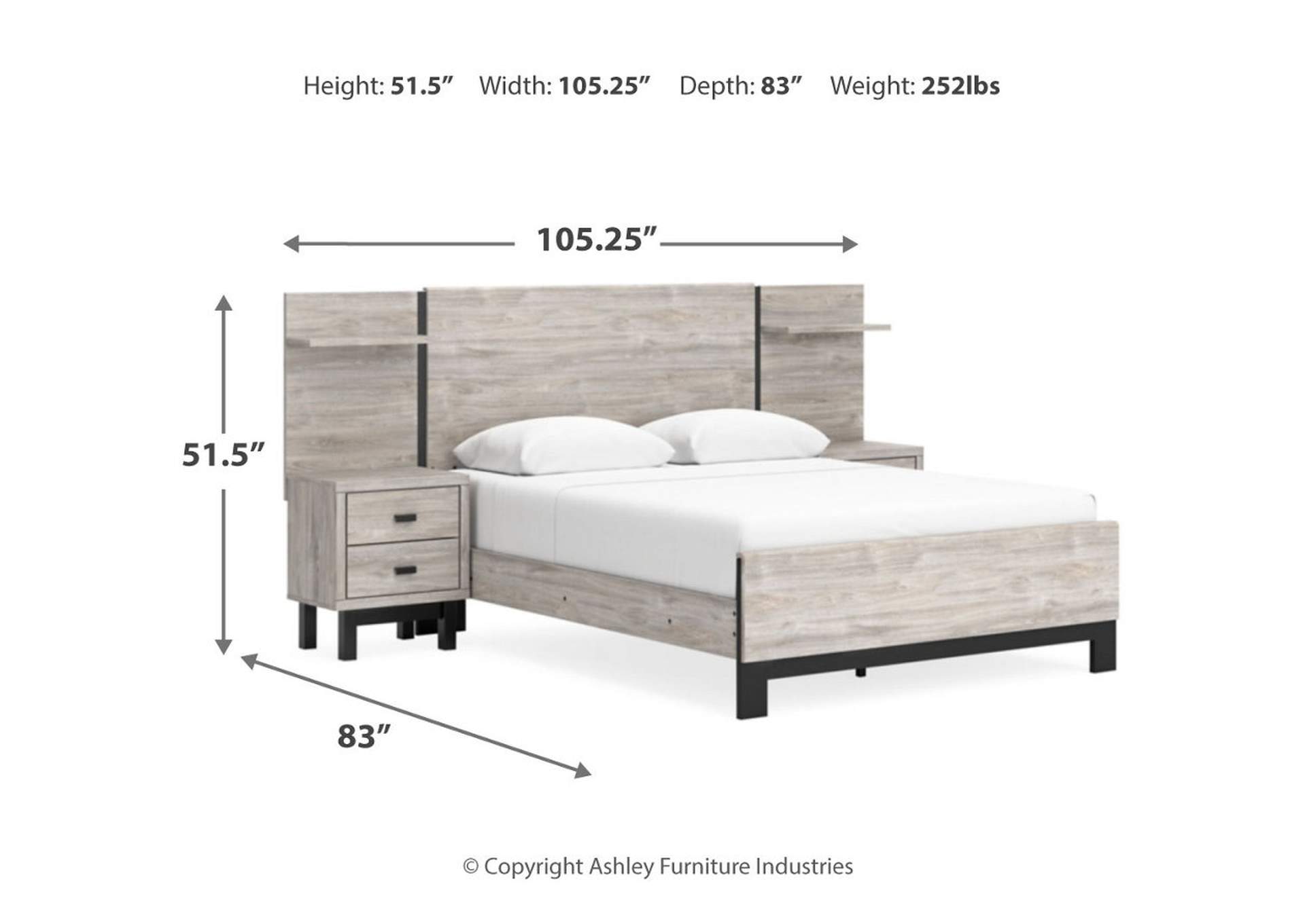 Vessalli Queen Panel Bed with Headboard Extensions and 2 Nightstands with Mirrored Dresser,Signature Design By Ashley