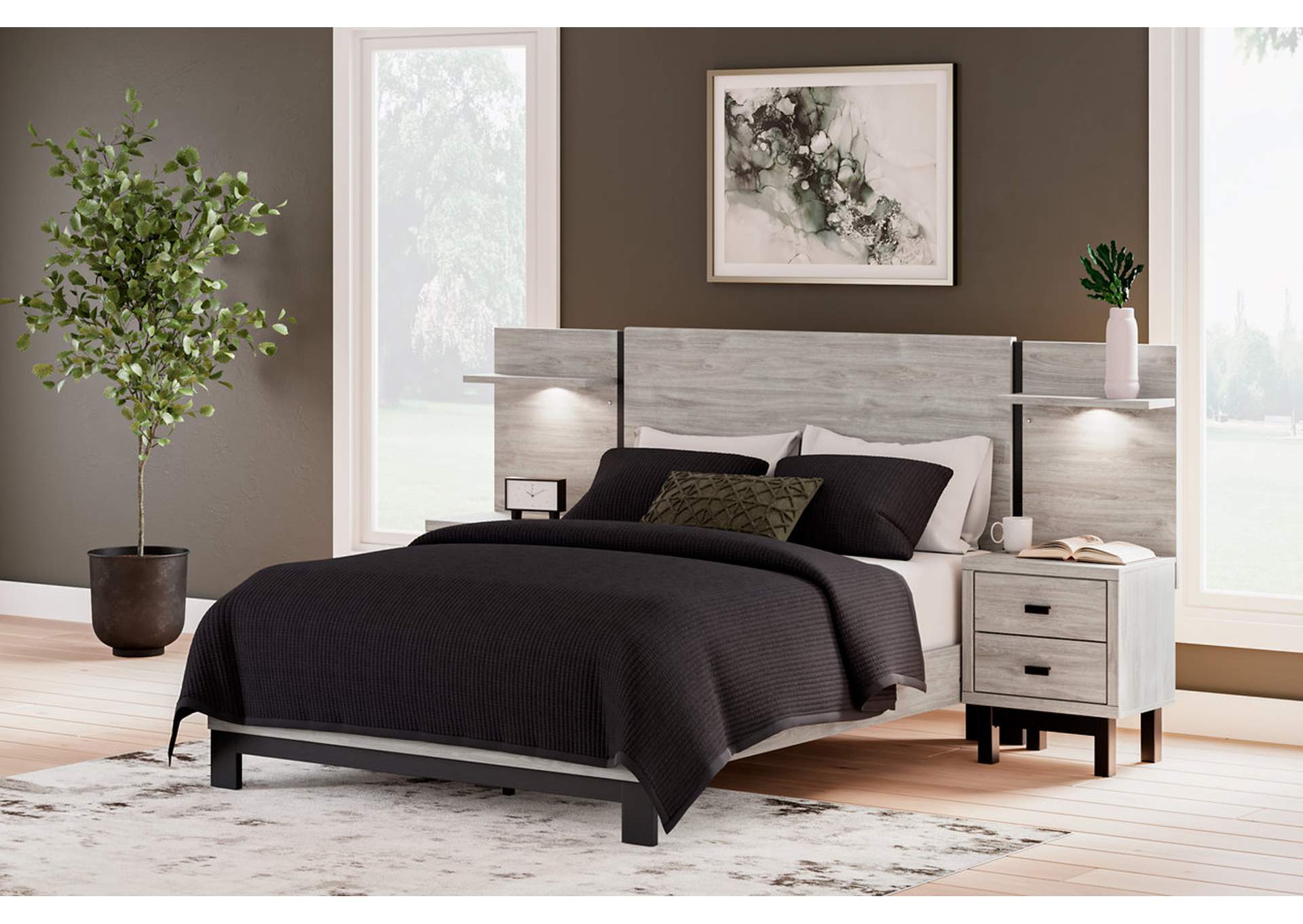 Vessalli Queen Panel Bed with Headboard Extensions and 2 Nightstands with Dresser,Signature Design By Ashley