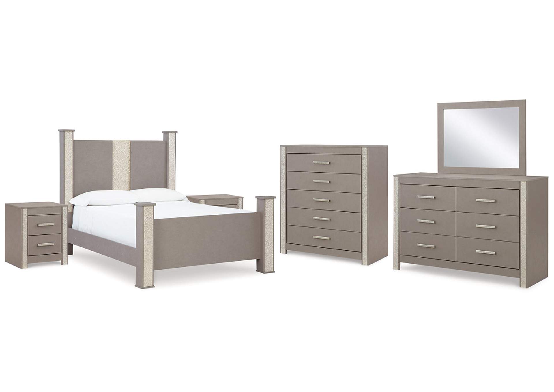 Surancha Queen Poster Bed with Mirrored Dresser, Chest and 2 Nightstands,Signature Design By Ashley