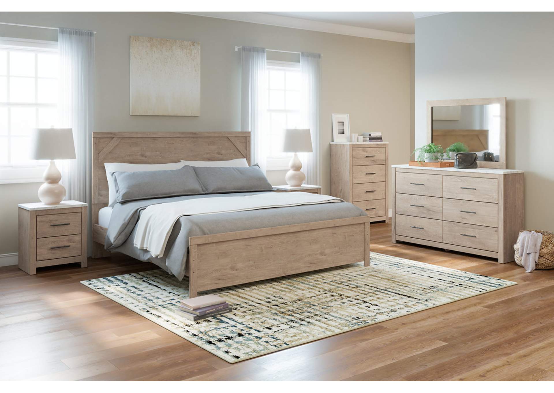 Senniberg King Panel Bed with Mirrored Dresser, Chest and Nightstand,Signature Design By Ashley