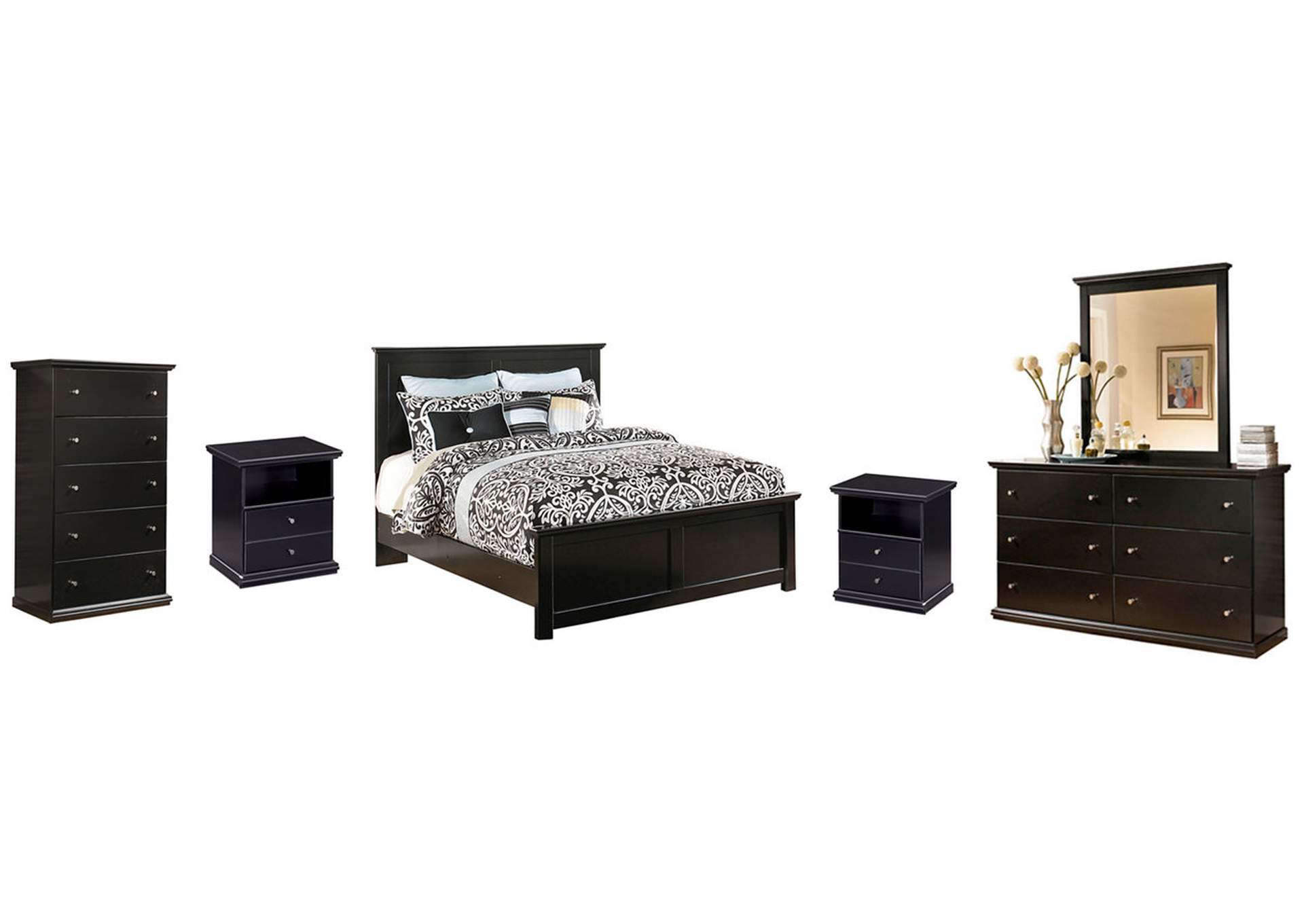 Maribel Queen Panel Bed with Mirrored Dresser, Chest and 2 Nightstands