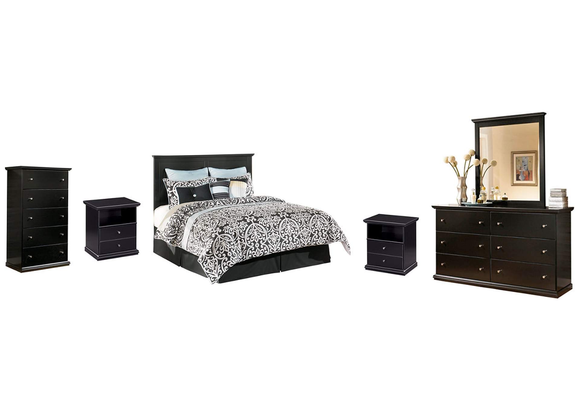 Maribel King/California King Panel Headboard Bed with Mirrored Dresser, Chest and 2 Nightstands
