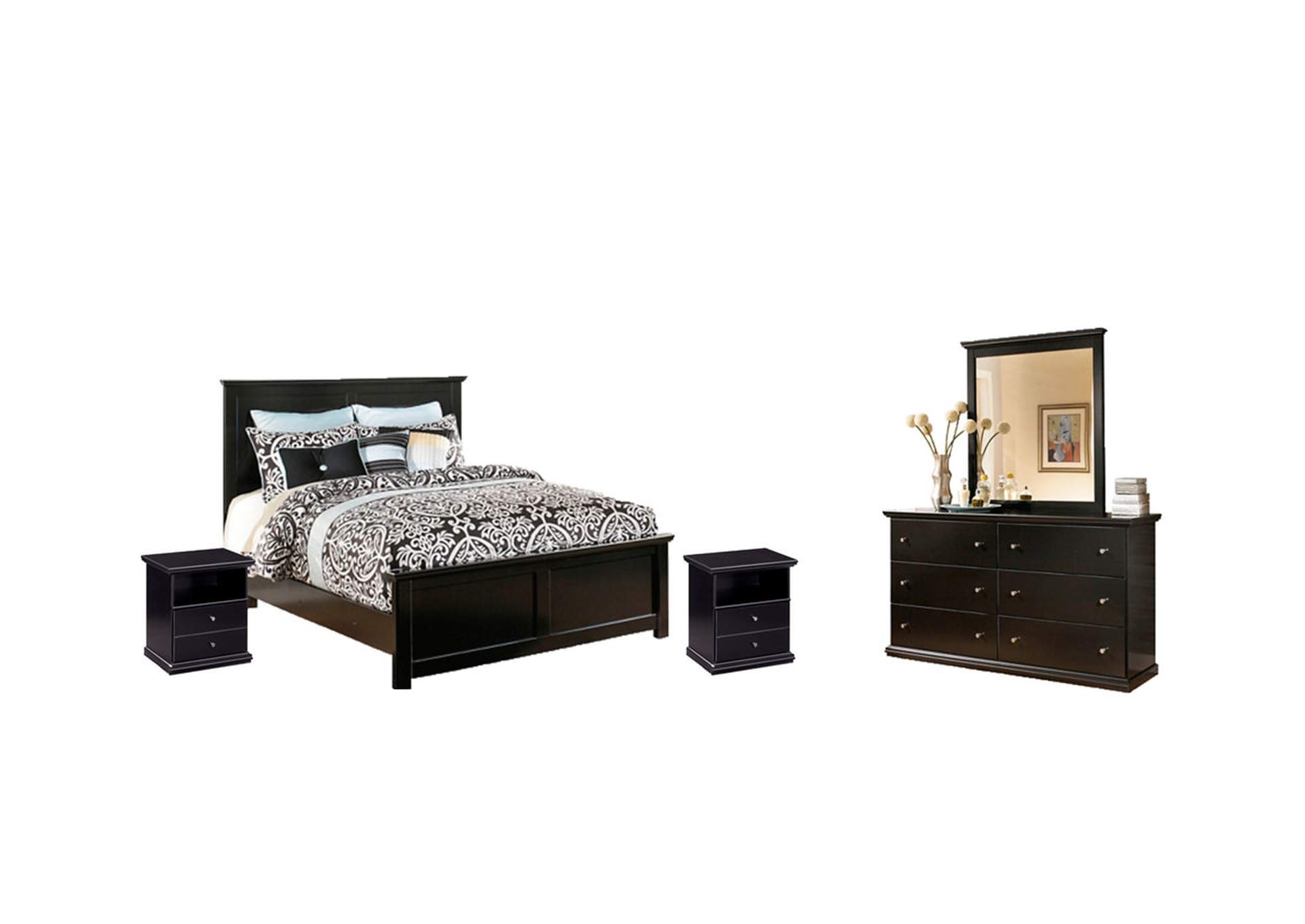 Maribel King Panel Bed with Mirrored Dresser and 2 Nightstands
