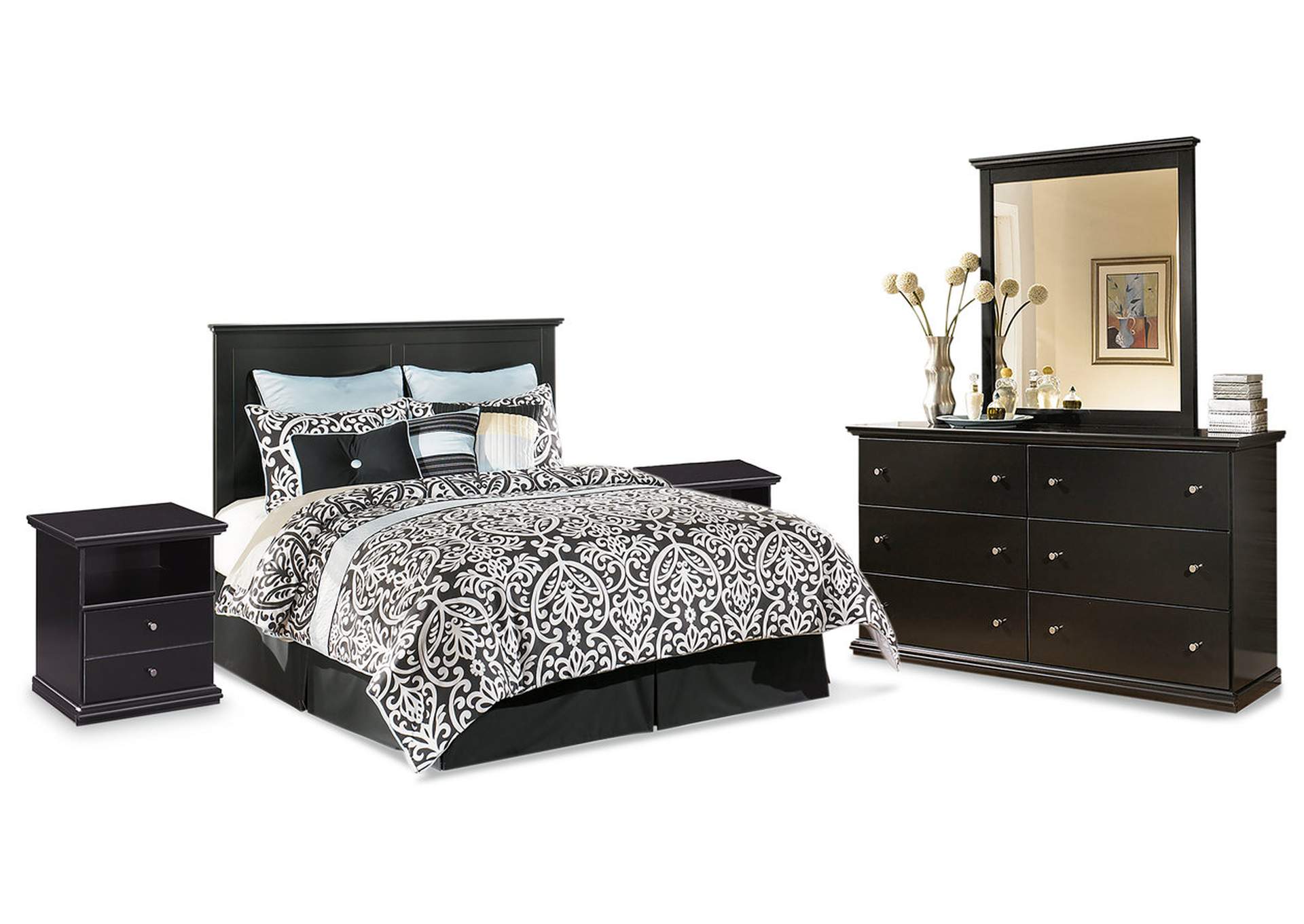 Maribel King/California King Panel Headboard Bed with Mirrored Dresser and 2 Nightstands