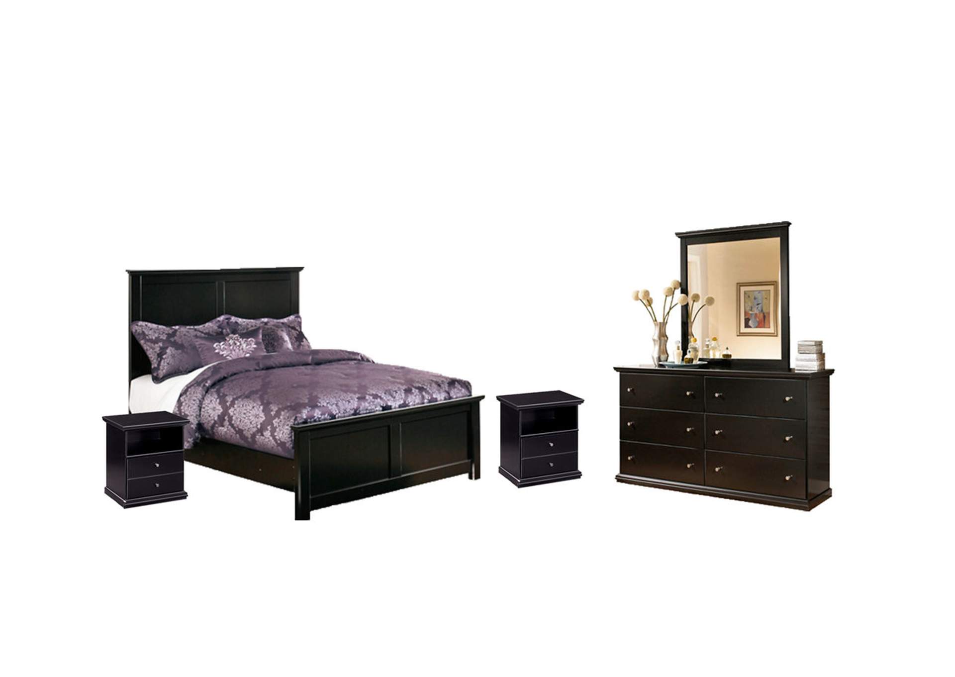 Maribel Full Panel Headboard Bed with Mirrored Dresser and 2 Nightstands