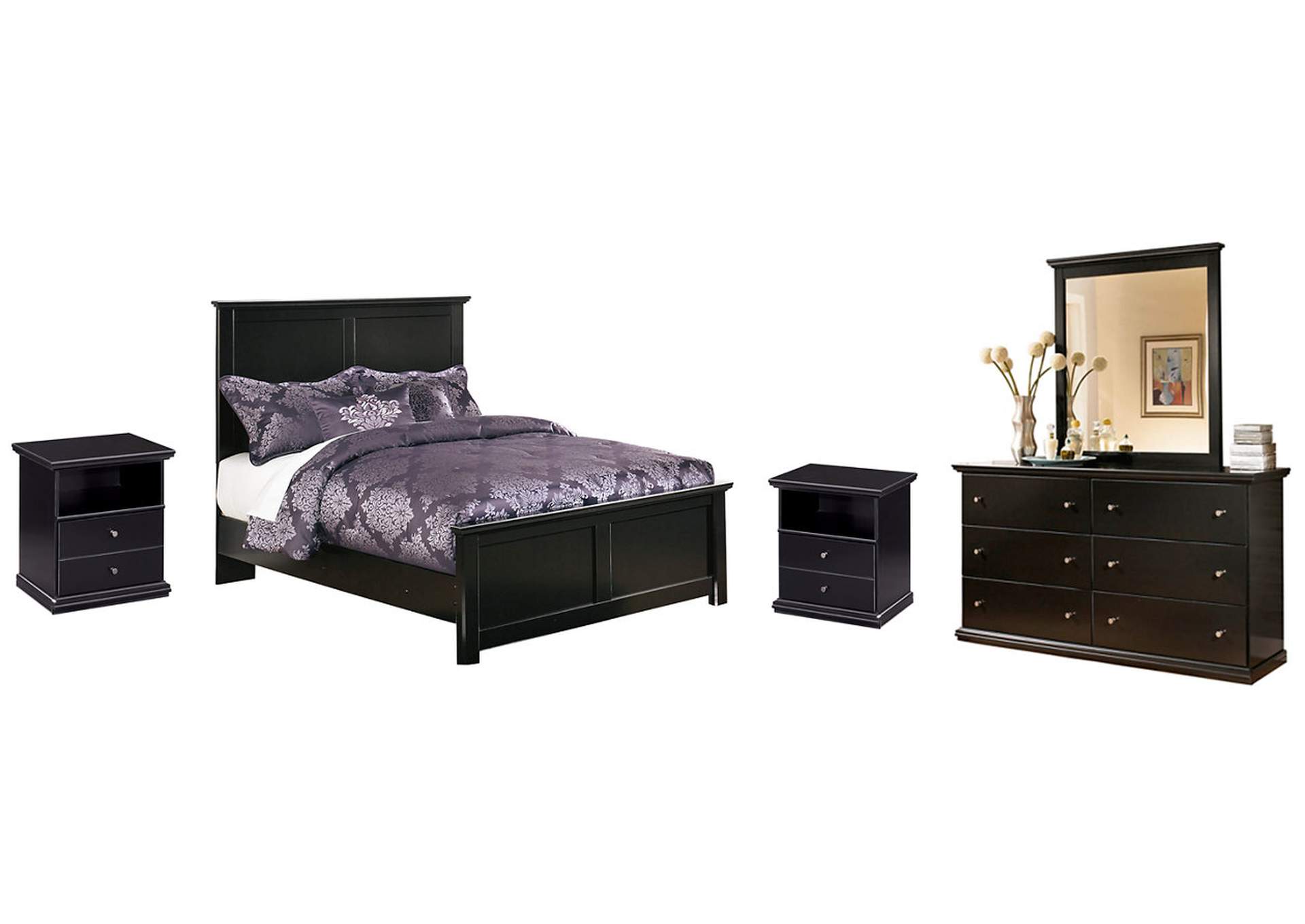 Maribel Full Panel Bed with Mirrored Dresser and 2 Nightstands