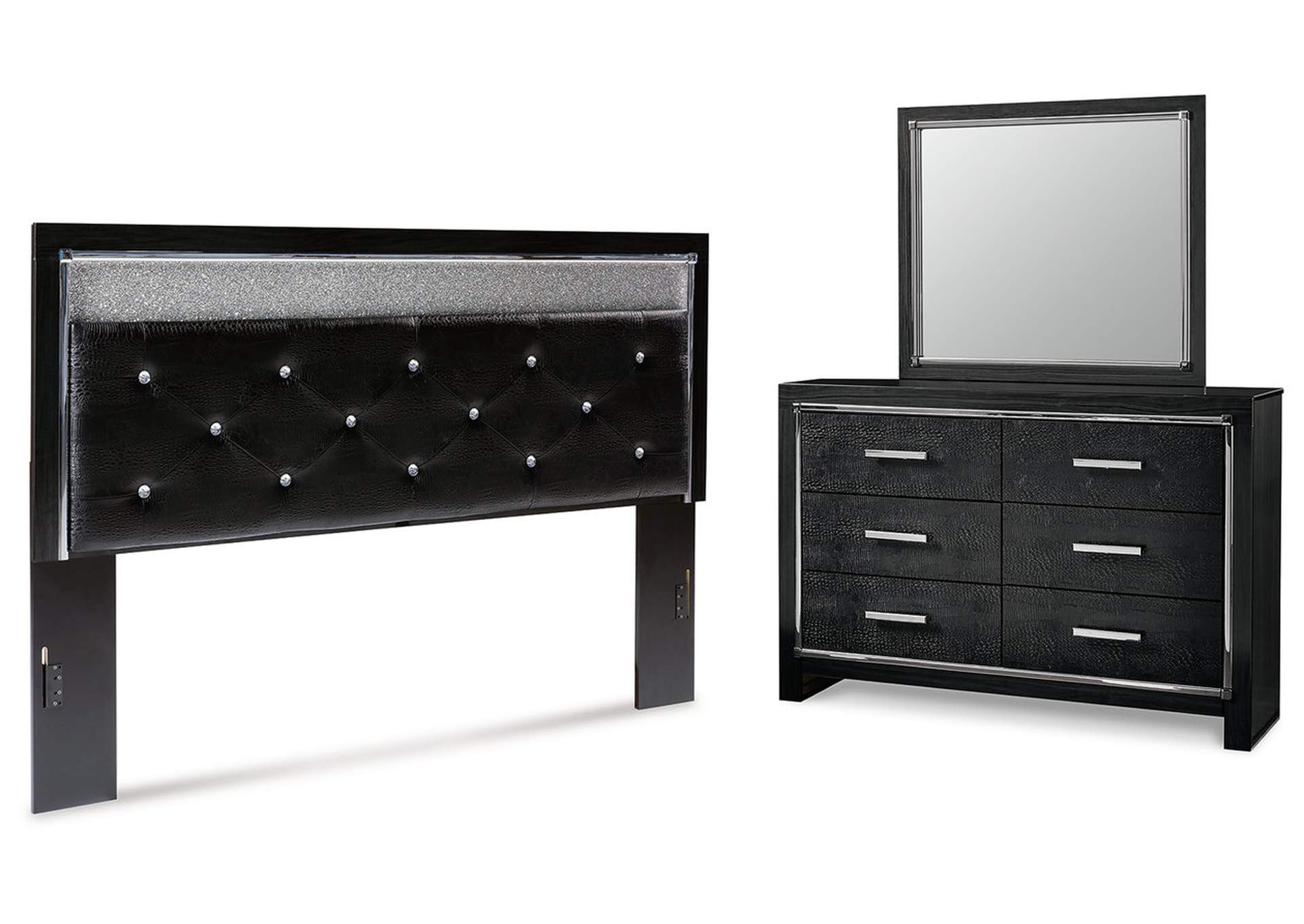 Kaydell King Upholstered Panel Headboard with Mirrored Dresser