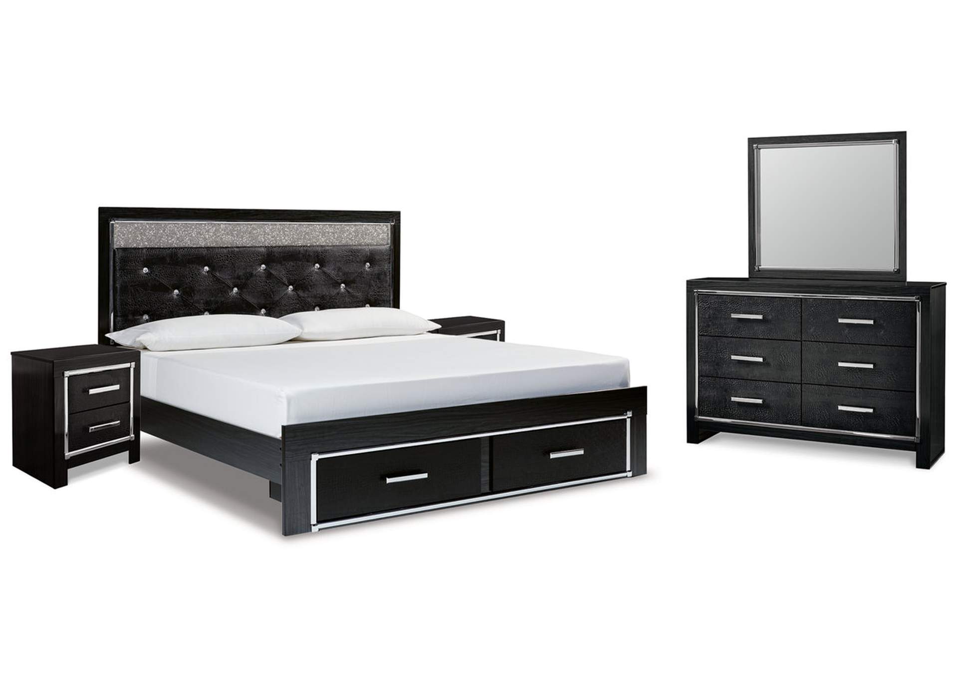 Kaydell King Upholstered Panel Storage Platform Bed with Mirrored Dresser and 2 Nightstands,Signature Design By Ashley