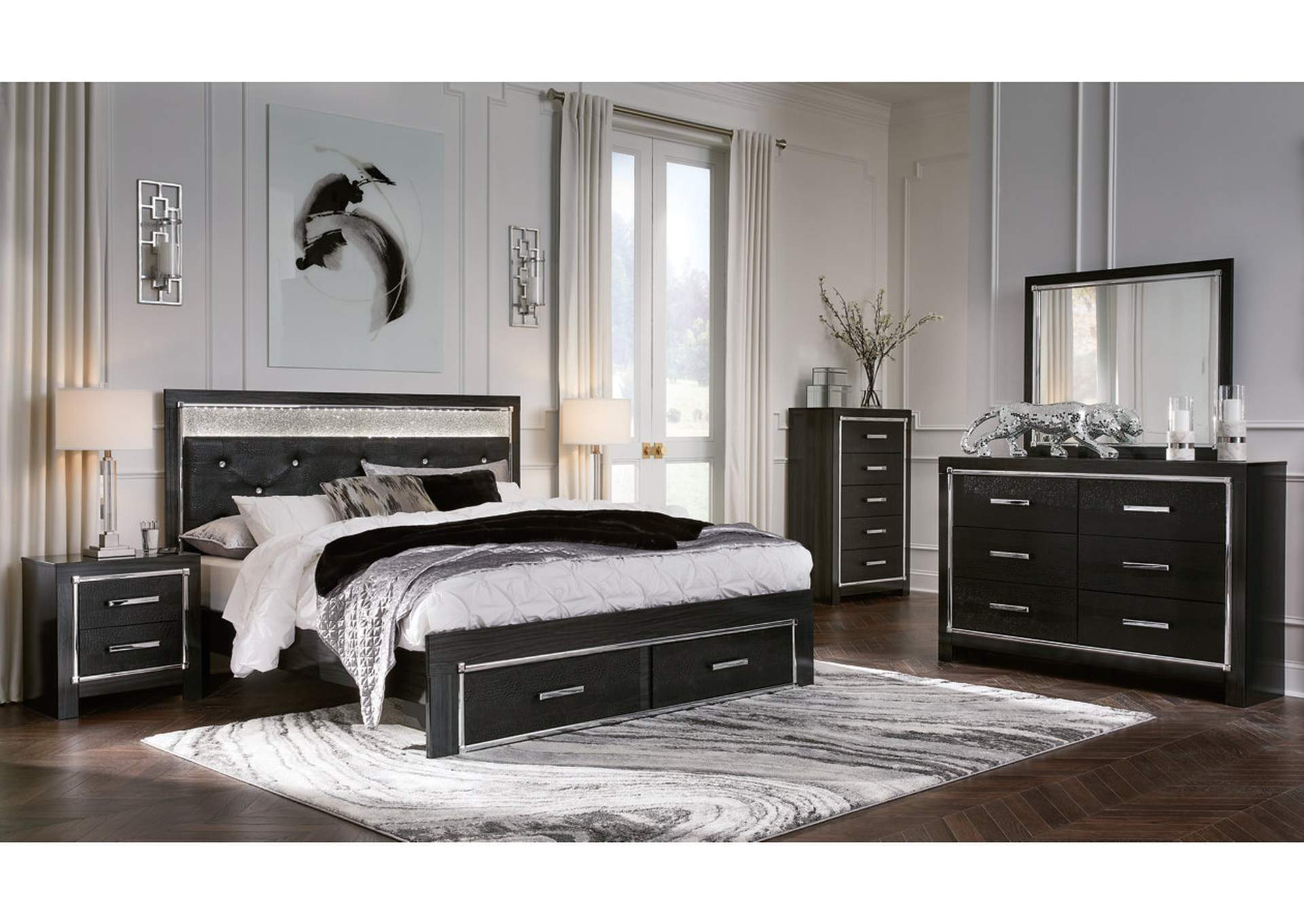 Kaydell King Upholstered Panel Storage Bed with Mirrored Dresser, Chest and Nightstand,Signature Design By Ashley