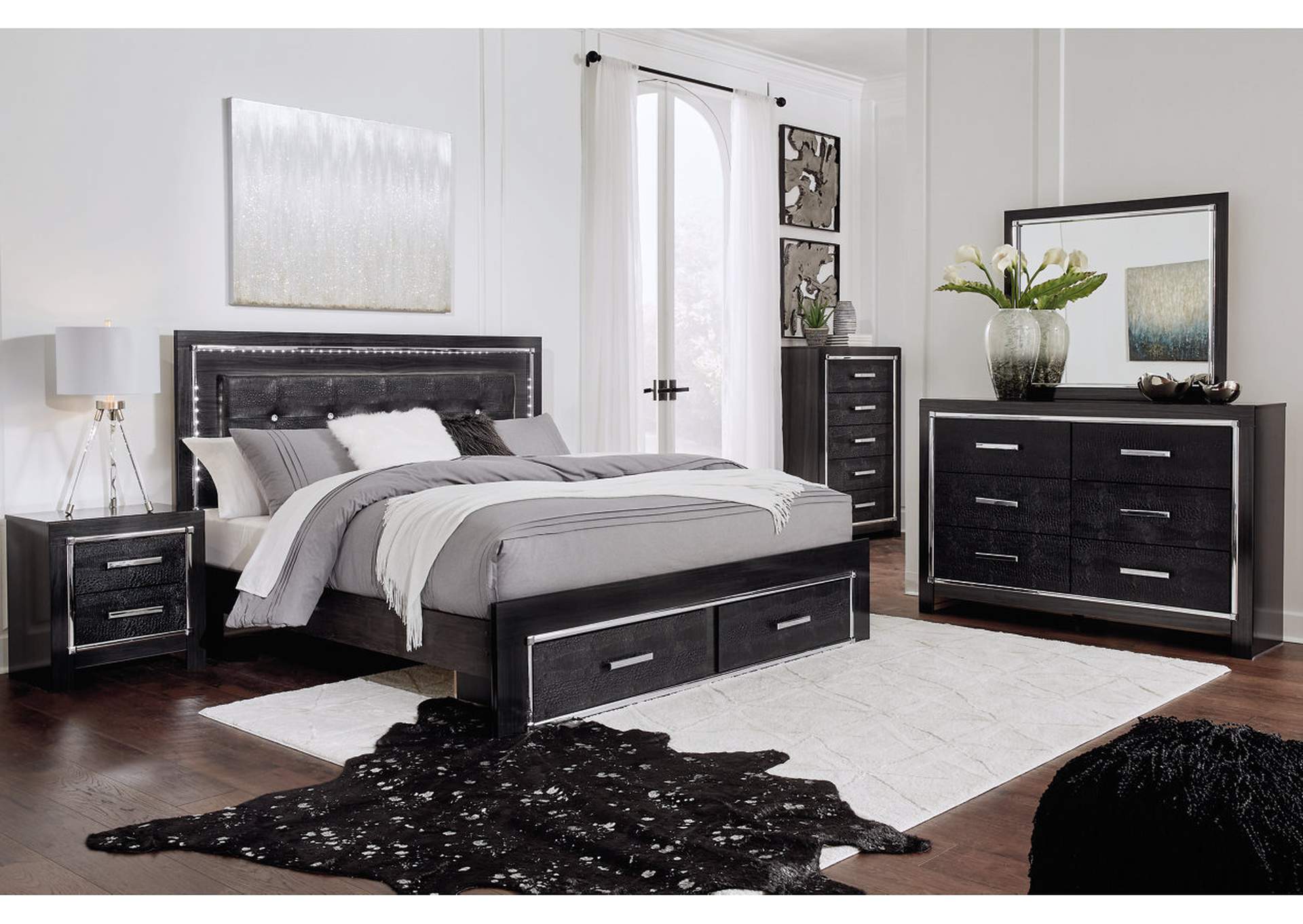 Kaydell King Panel Bed with Storage with Mirrored Dresser, Chest and Nightstand,Signature Design By Ashley