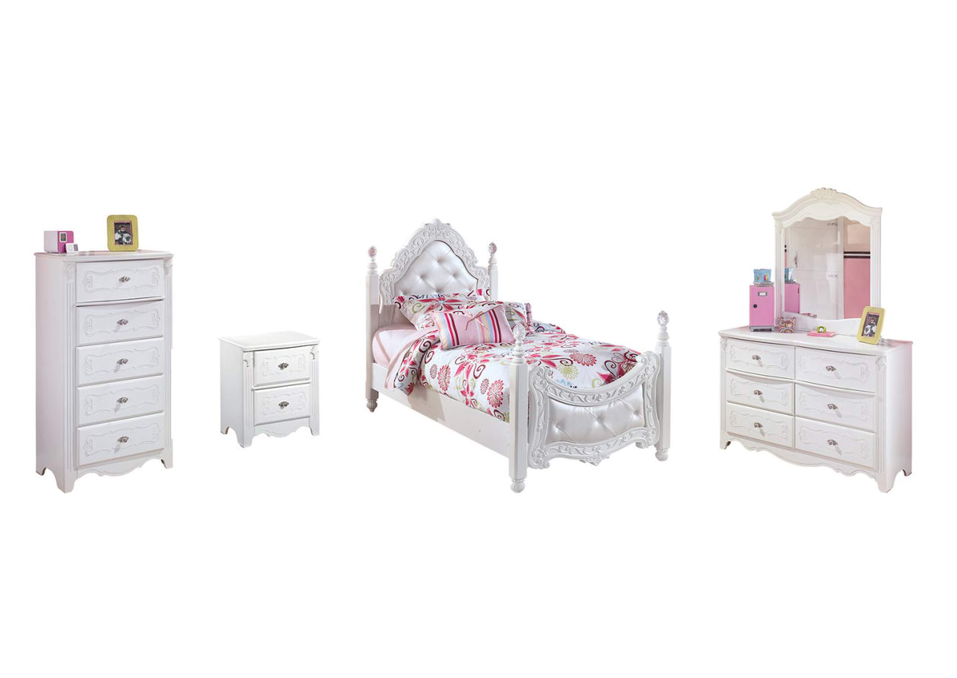Exquisite Twin Poster Bed with Mirrored Dresser, Chest and Nightstand,Signature Design By Ashley