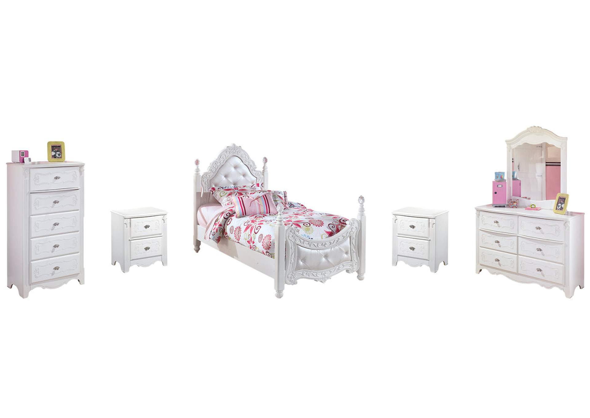Exquisite Twin Poster Bed with Mirrored Dresser, Chest and 2 Nightstands,Signature Design By Ashley