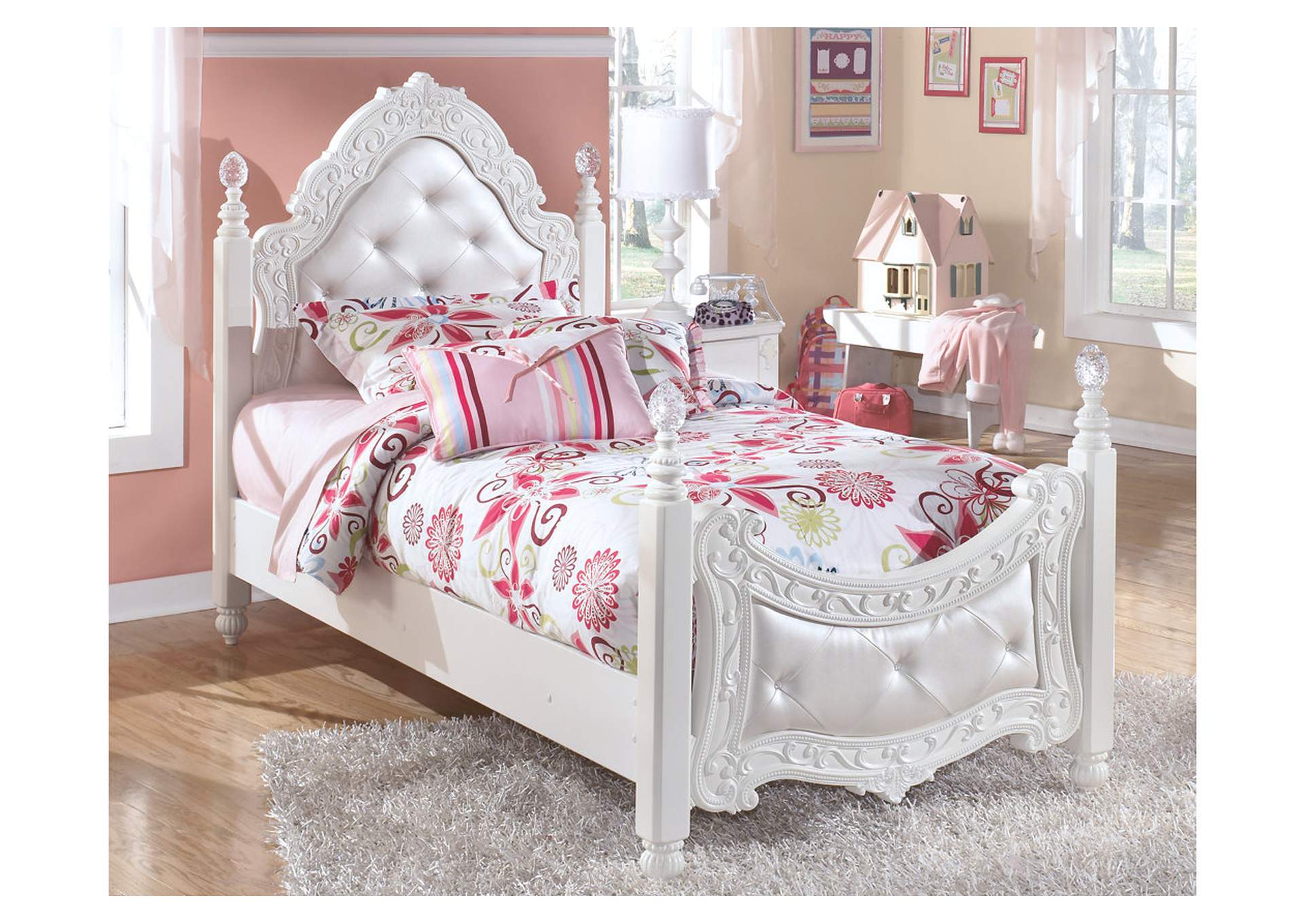 Exquisite Twin Poster Bed with Mirrored Dresser, Chest and Nightstand,Signature Design By Ashley