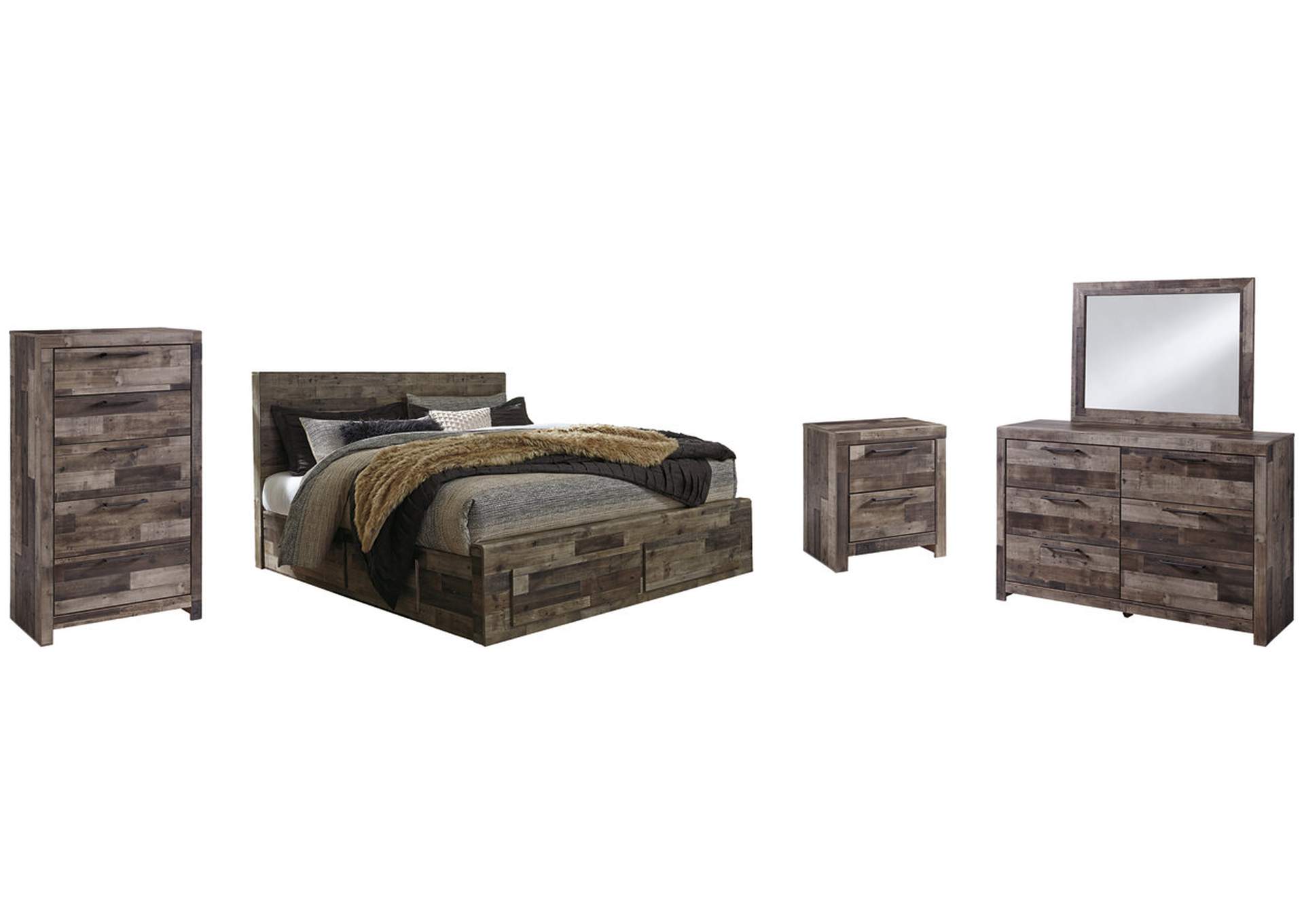 Derekson King Panel Bed with 4 Storage Drawers with Mirrored Dresser, Chest and Nightstand