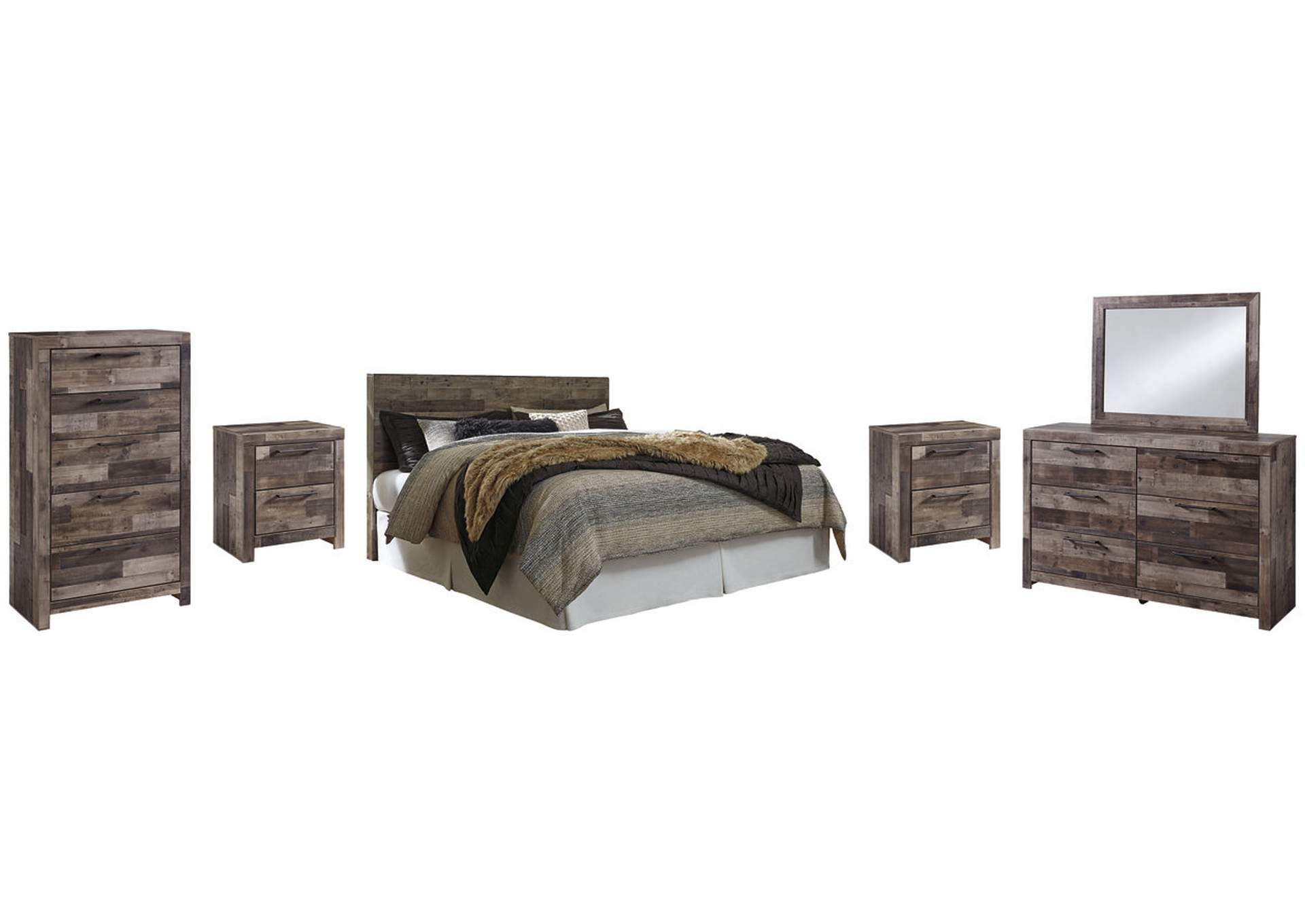 Derekson King Panel Headboard Bed with Mirrored Dresser, Chest and 2 Nightstands