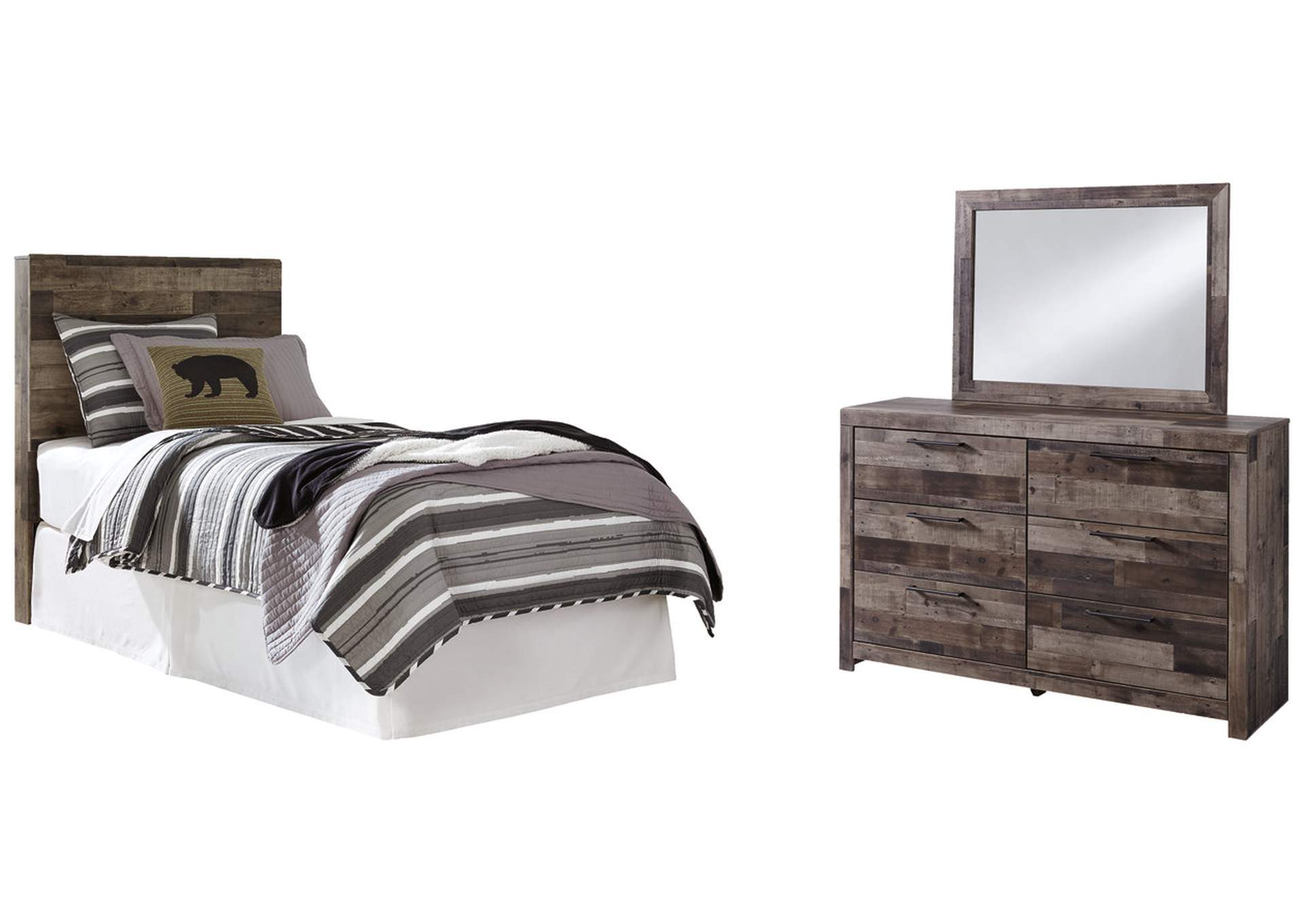 Derekson Twin Panel Headboard Bed with Mirrored Dresser