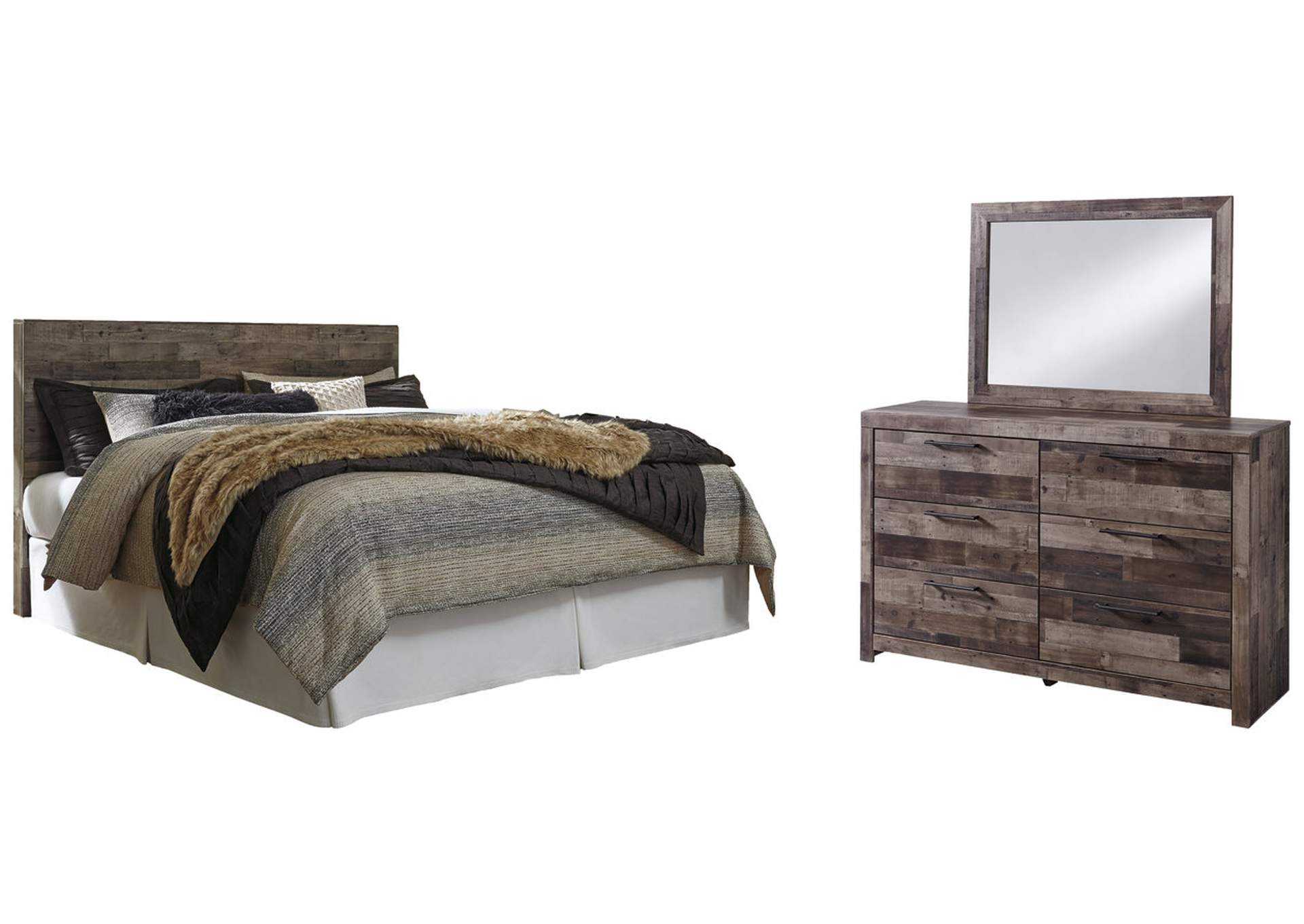 Derekson King Panel Headboard Bed with Mirrored Dresser