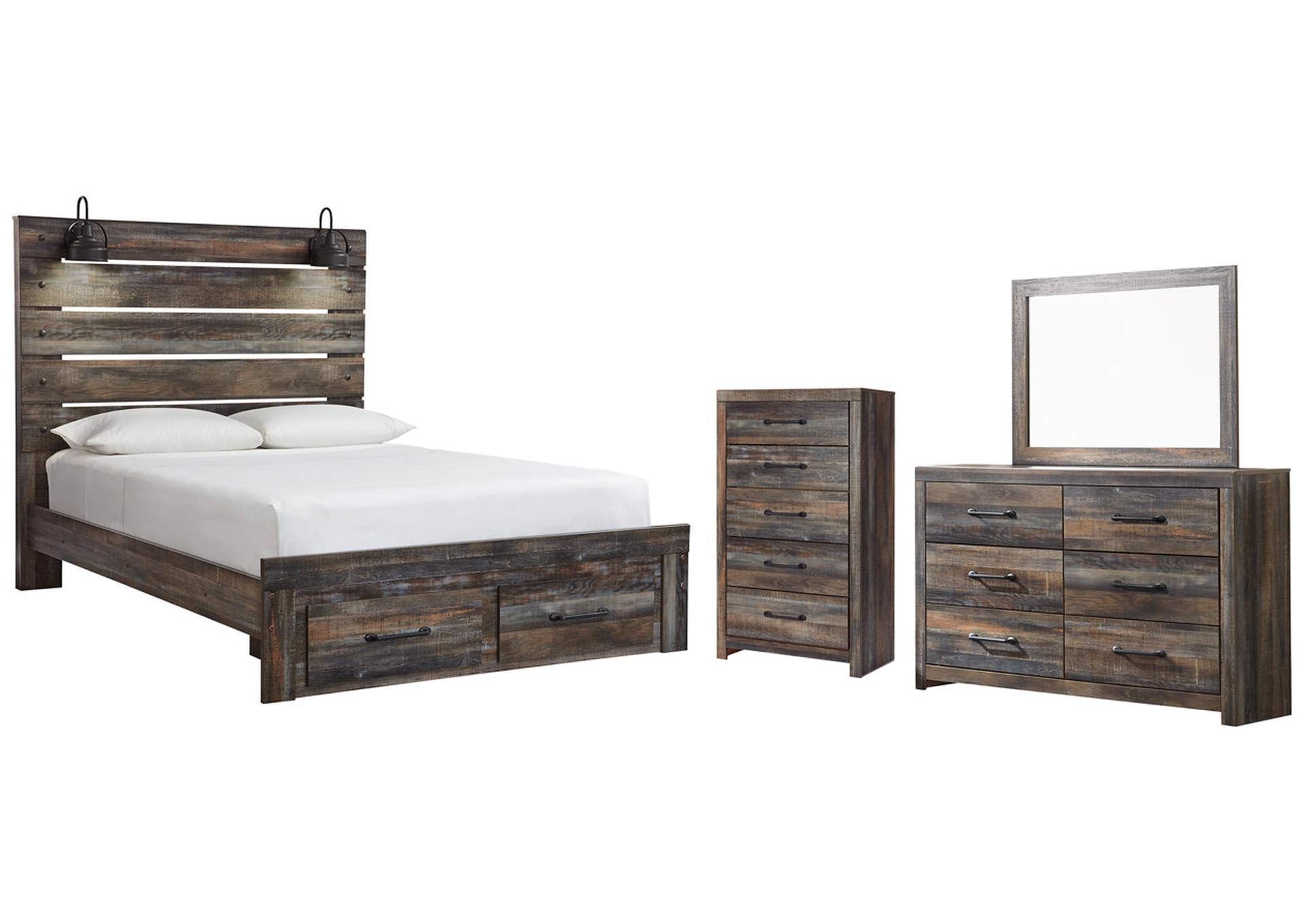 Drystan Queen Panel Bed with 2 Storage Drawers with Mirrored Dresser and Chest,Signature Design By Ashley