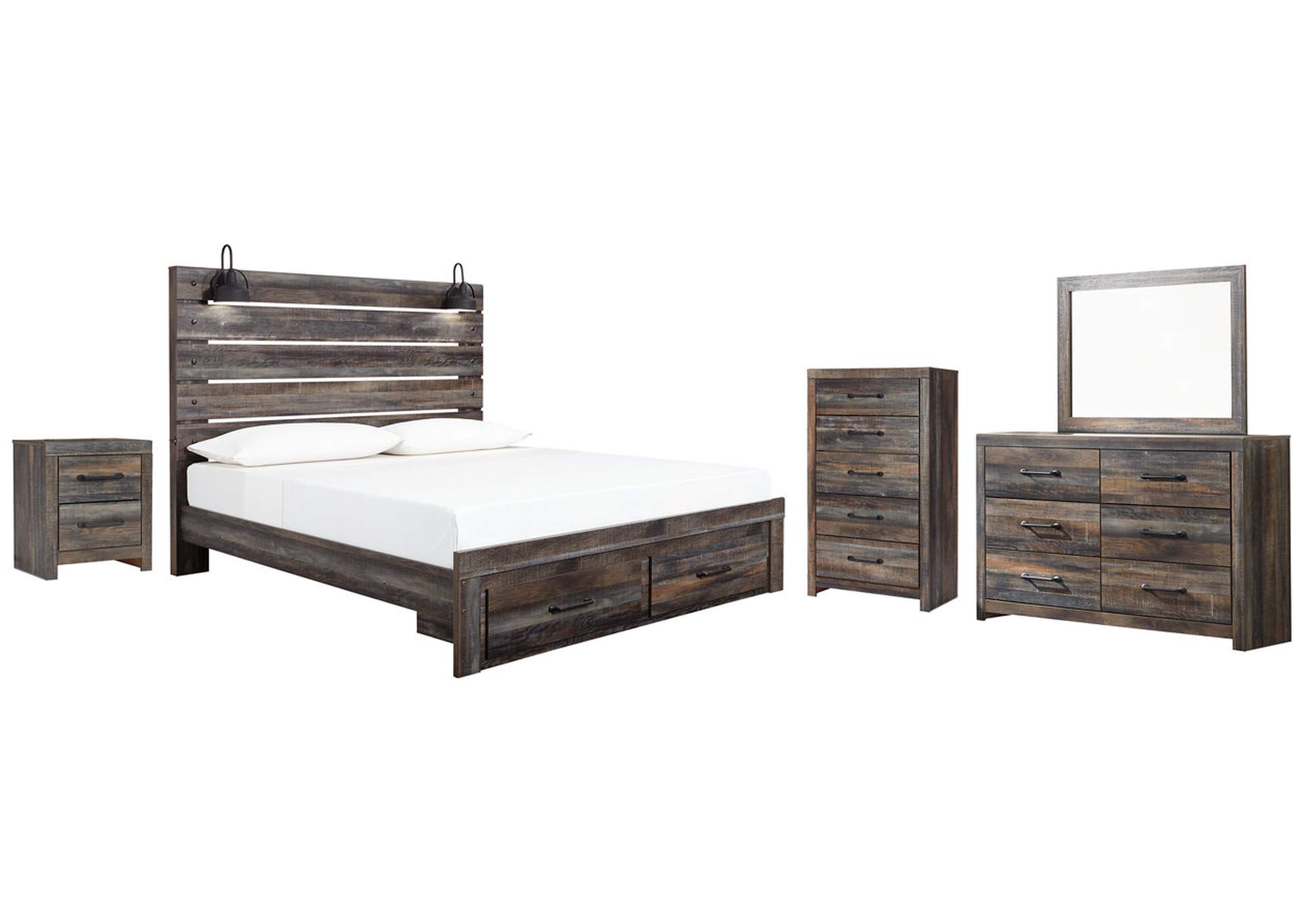 Drystan King Panel Bed with Storage with Mirrored Dresser, Chest and Nightstand,Signature Design By Ashley