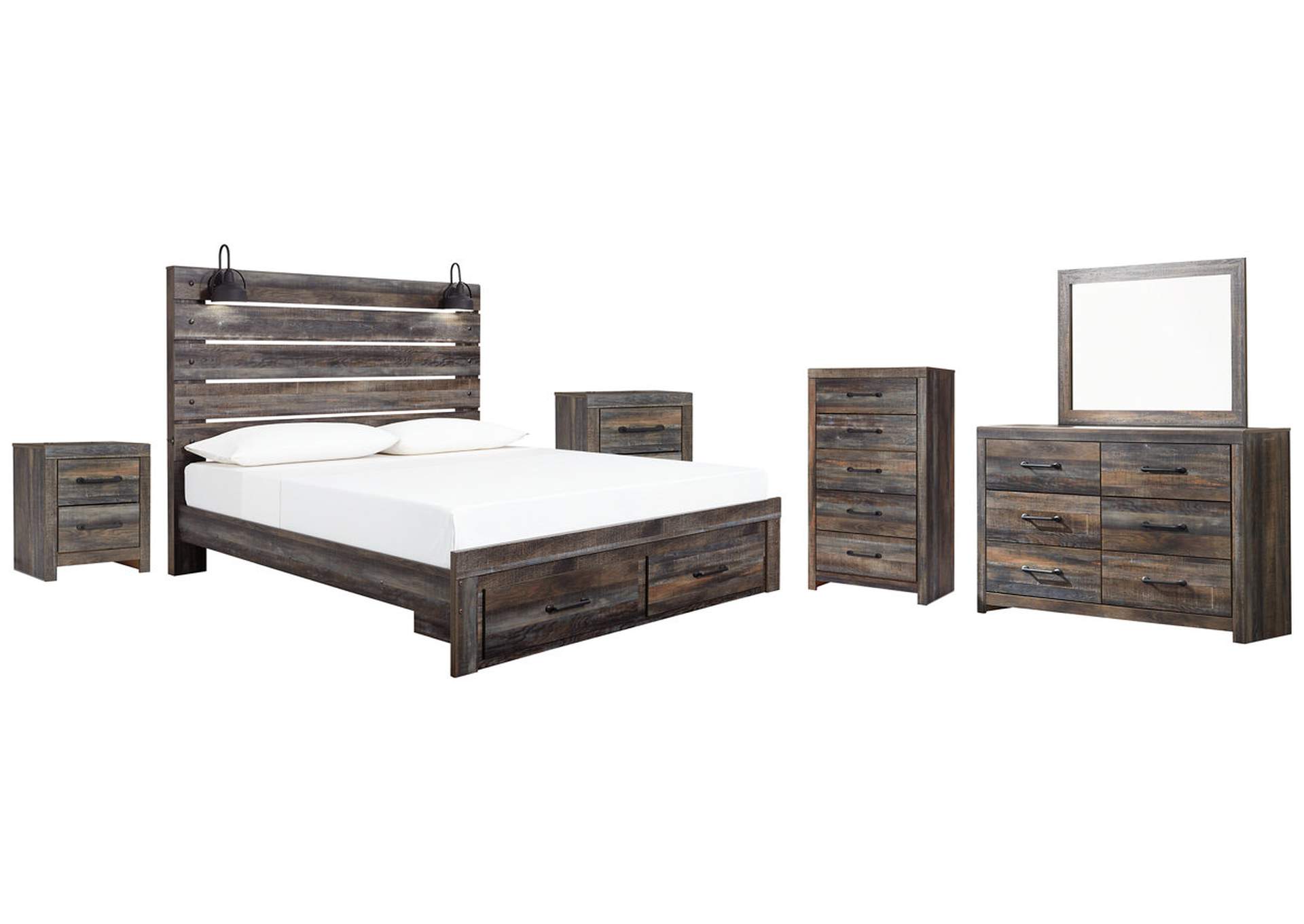 Drystan King Panel Bed with Storage with Mirrored Dresser, Chest and 2 Nightstands,Signature Design By Ashley