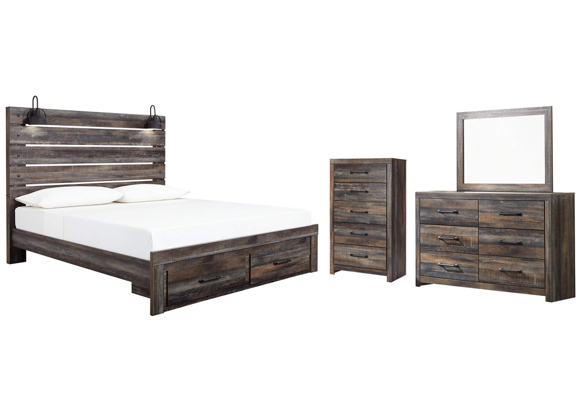 Drystan King Panel Bed with Storage with Mirrored Dresser and Chest,Signature Design By Ashley
