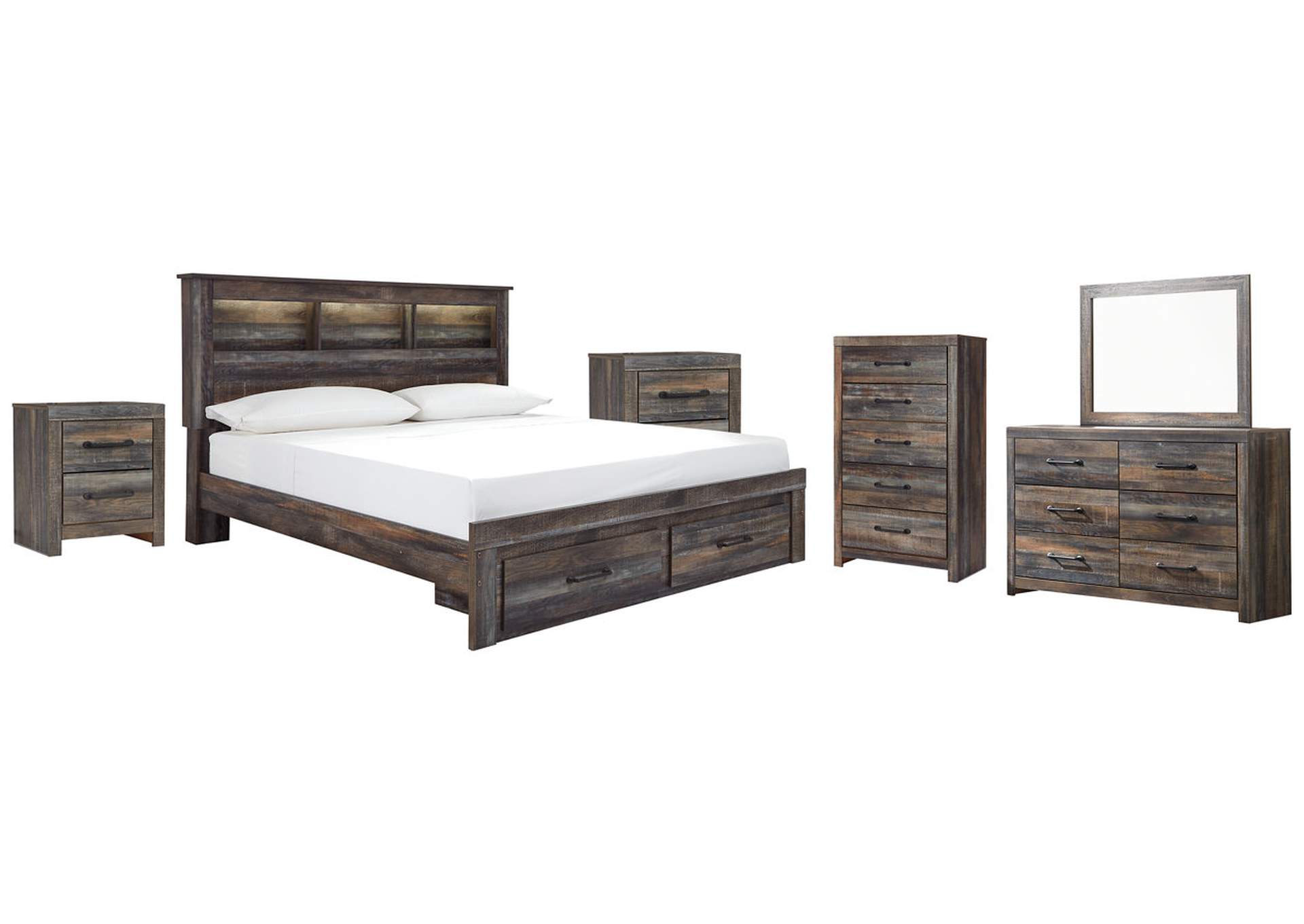 Drystan King Bookcase Bed with 2 Storage Drawers with Mirrored Dresser, Chest and 2 Nightstands,Signature Design By Ashley