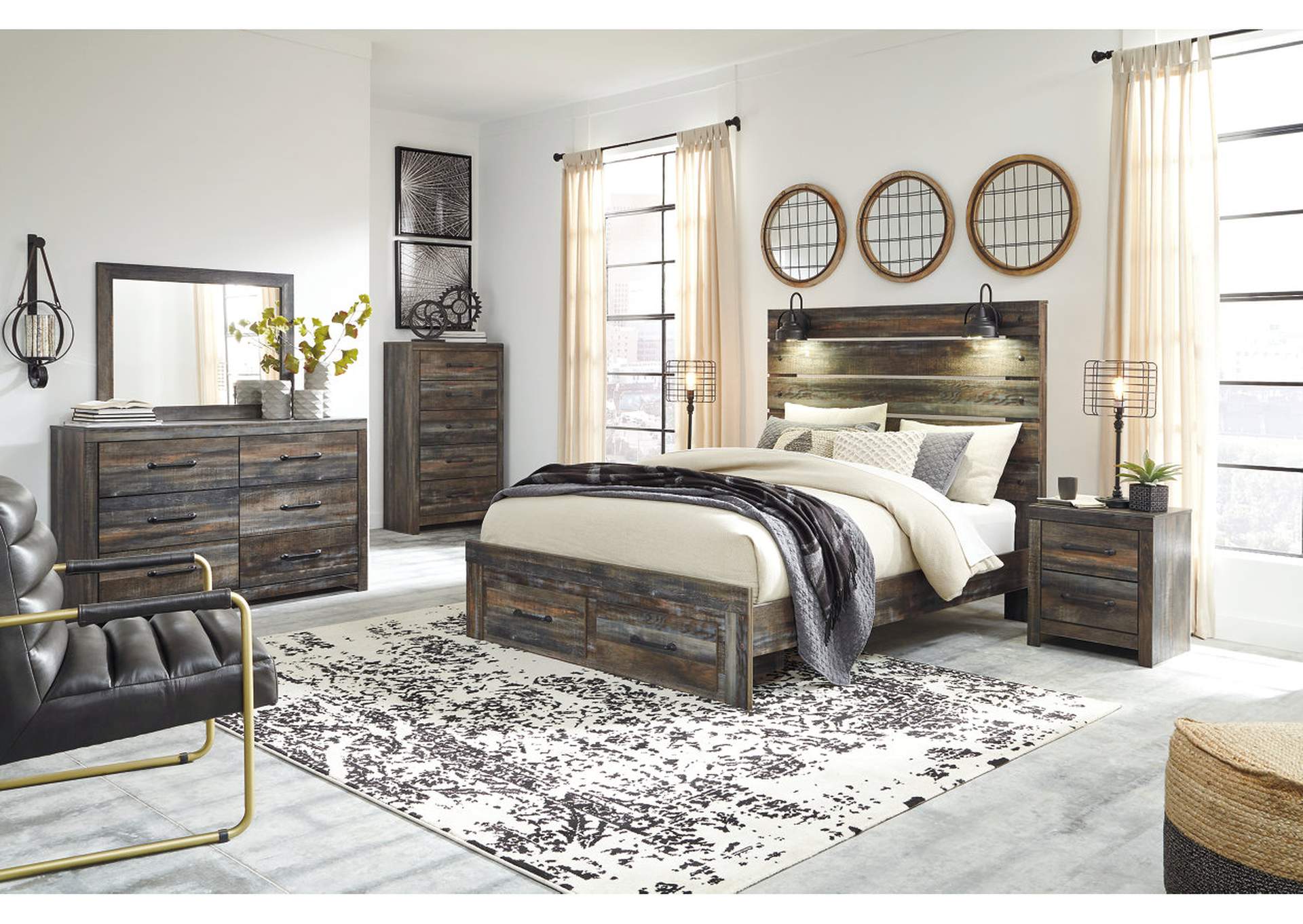Drystan Queen Panel Bed with 2 Storage Drawers with Mirrored Dresser, Chest and Nightstand,Signature Design By Ashley