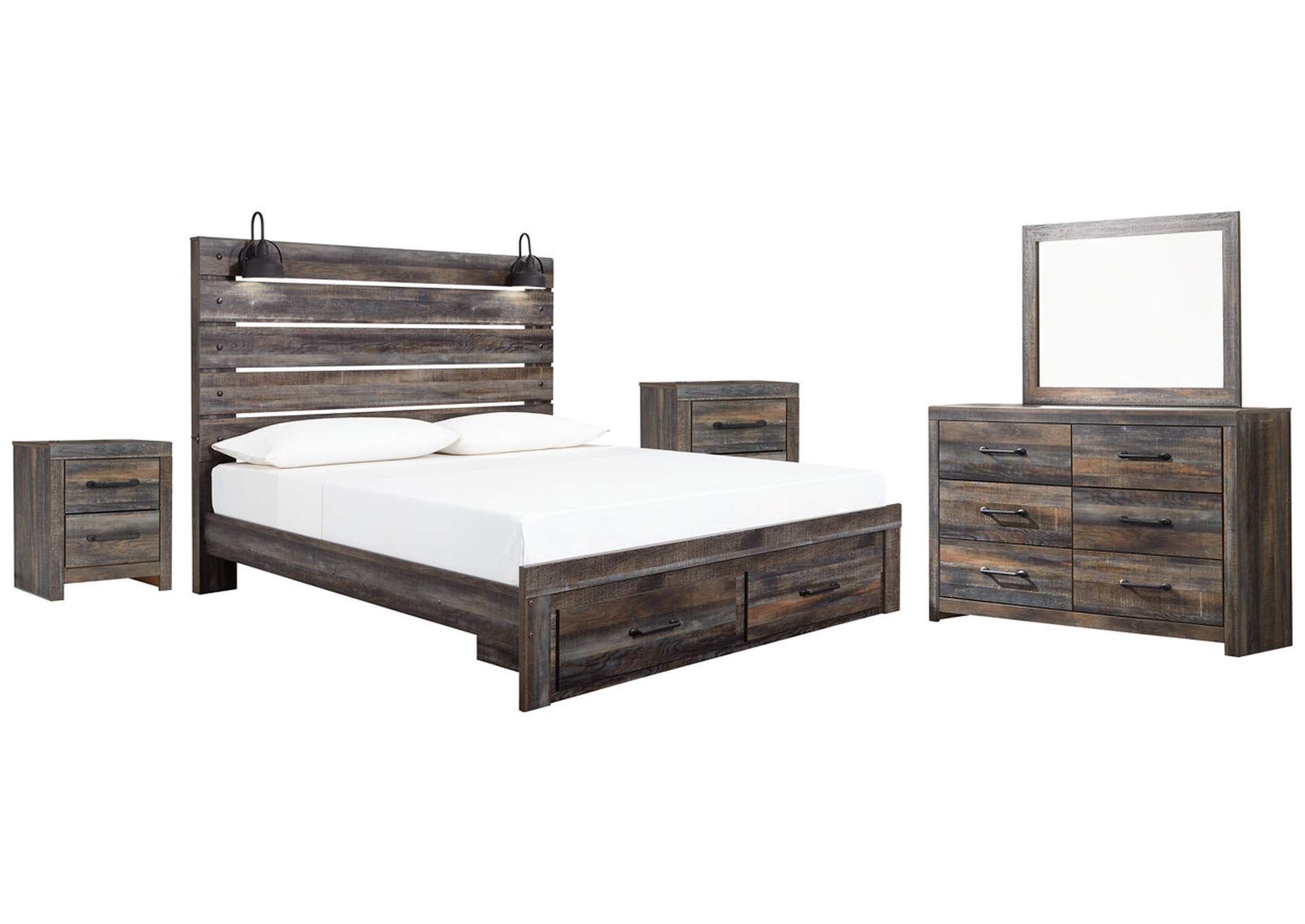 Drystan King Panel Bed with Storage with Mirrored Dresser and 2 Nightstands,Signature Design By Ashley