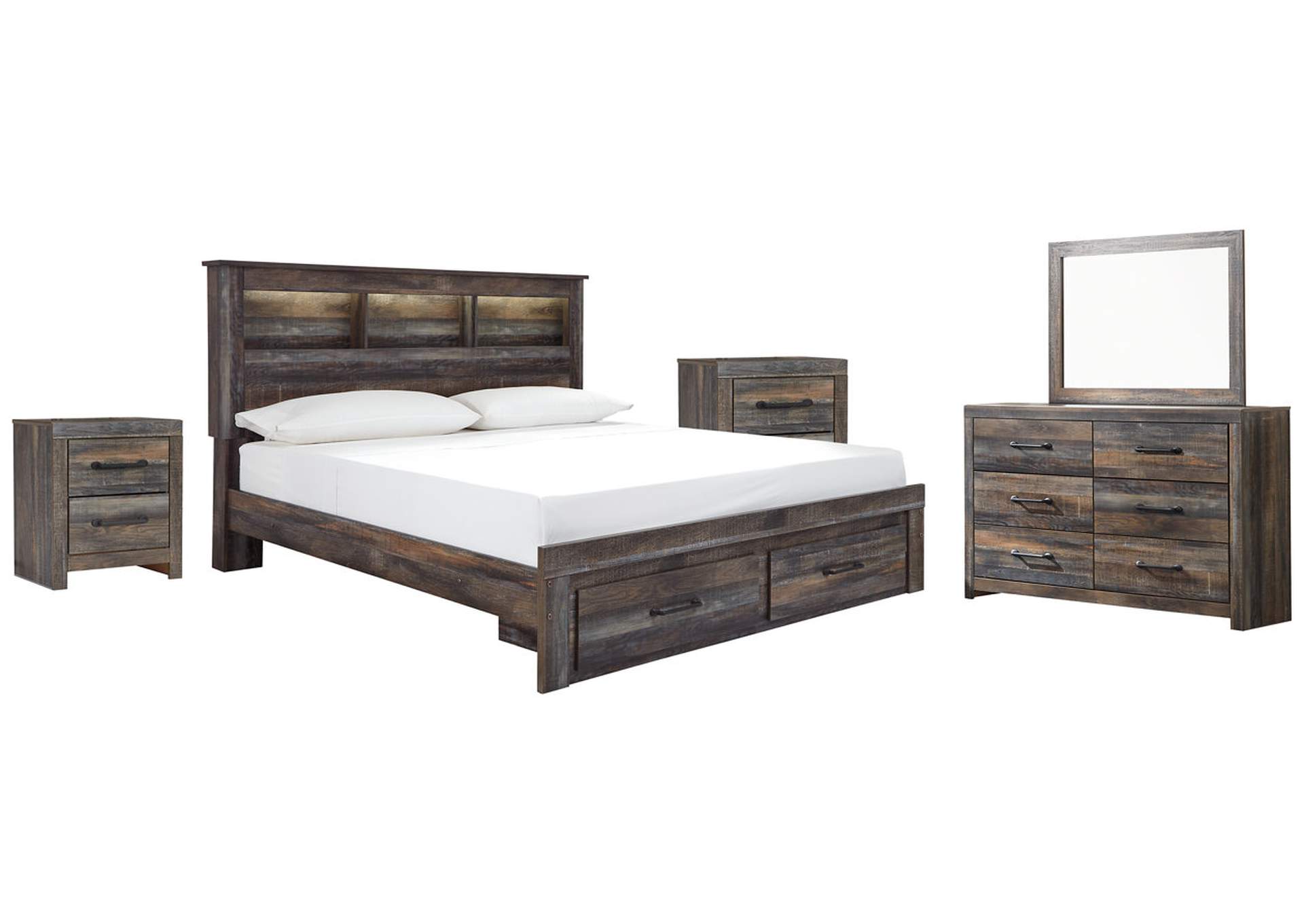 Drystan King Bookcase Bed with 2 Storage Drawers with Mirrored Dresser and 2 Nightstands,Signature Design By Ashley