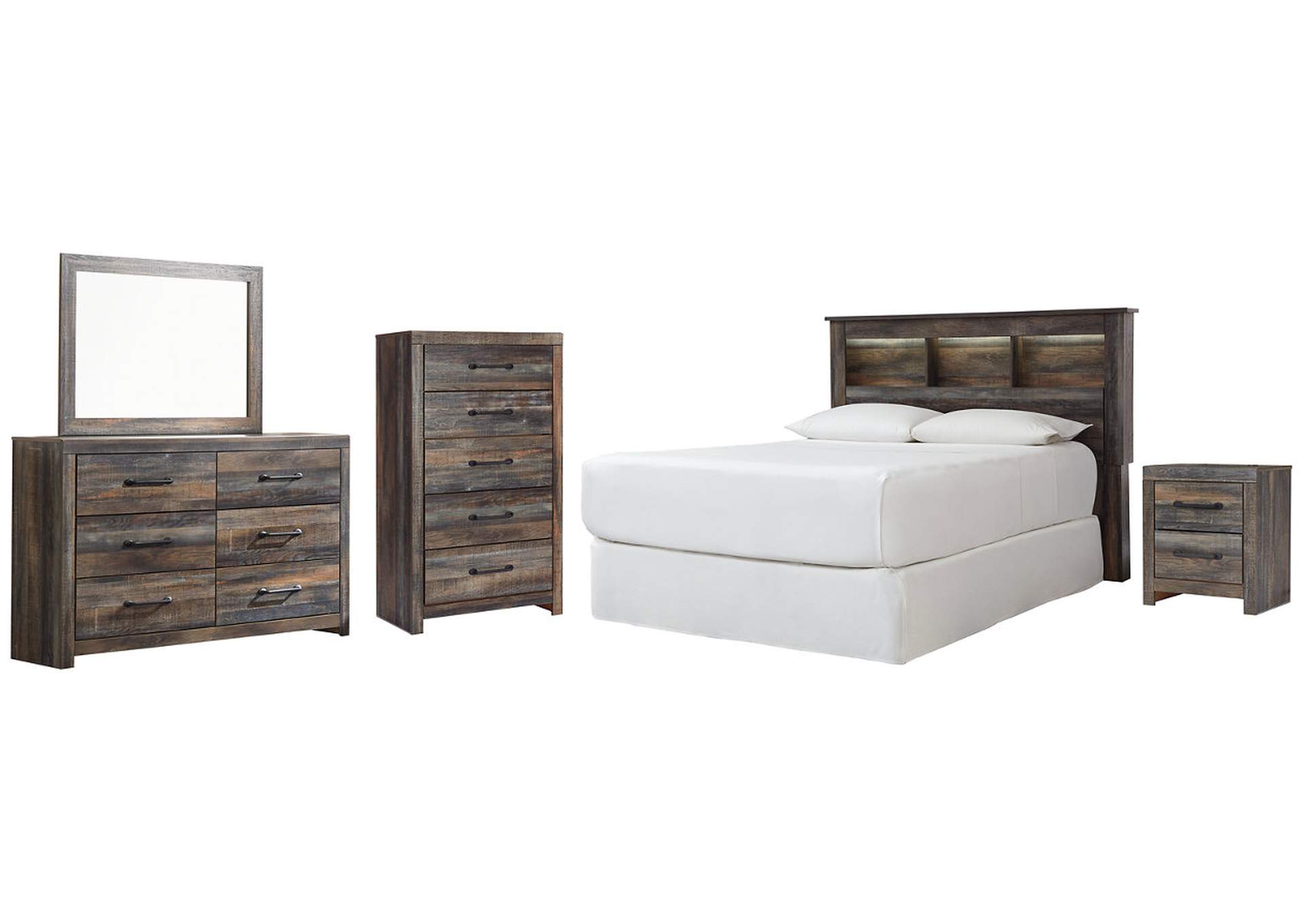 Drystan Queen/Full Bookcase Headboard Bed with Mirrored Dresser, Chest and Nightstand,Signature Design By Ashley