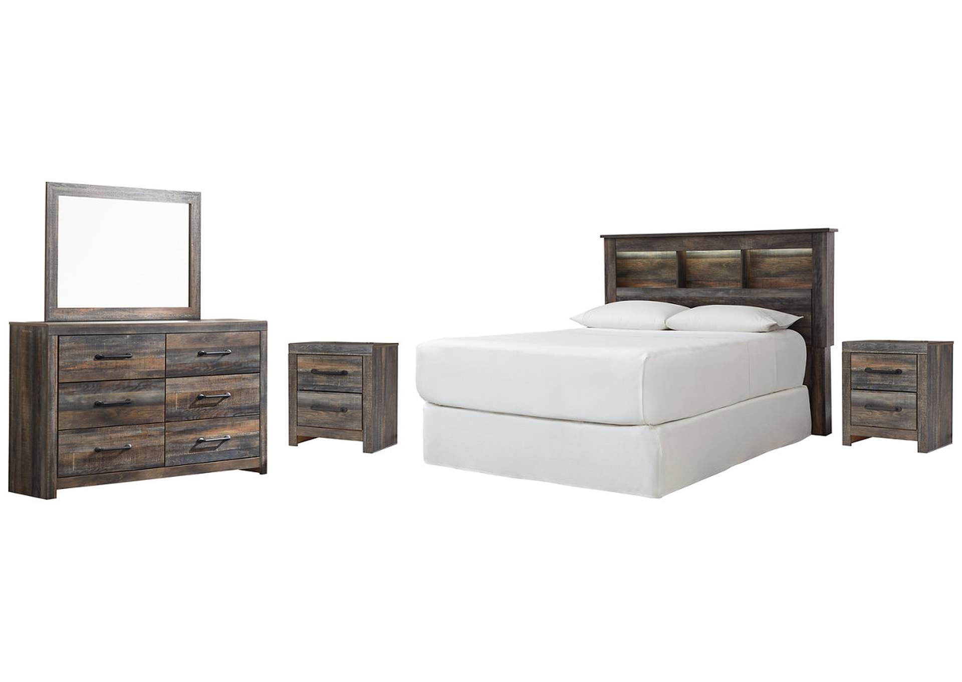 Drystan Queen/Full Bookcase Headboard Bed with Mirrored Dresser and 2 Nightstands,Signature Design By Ashley