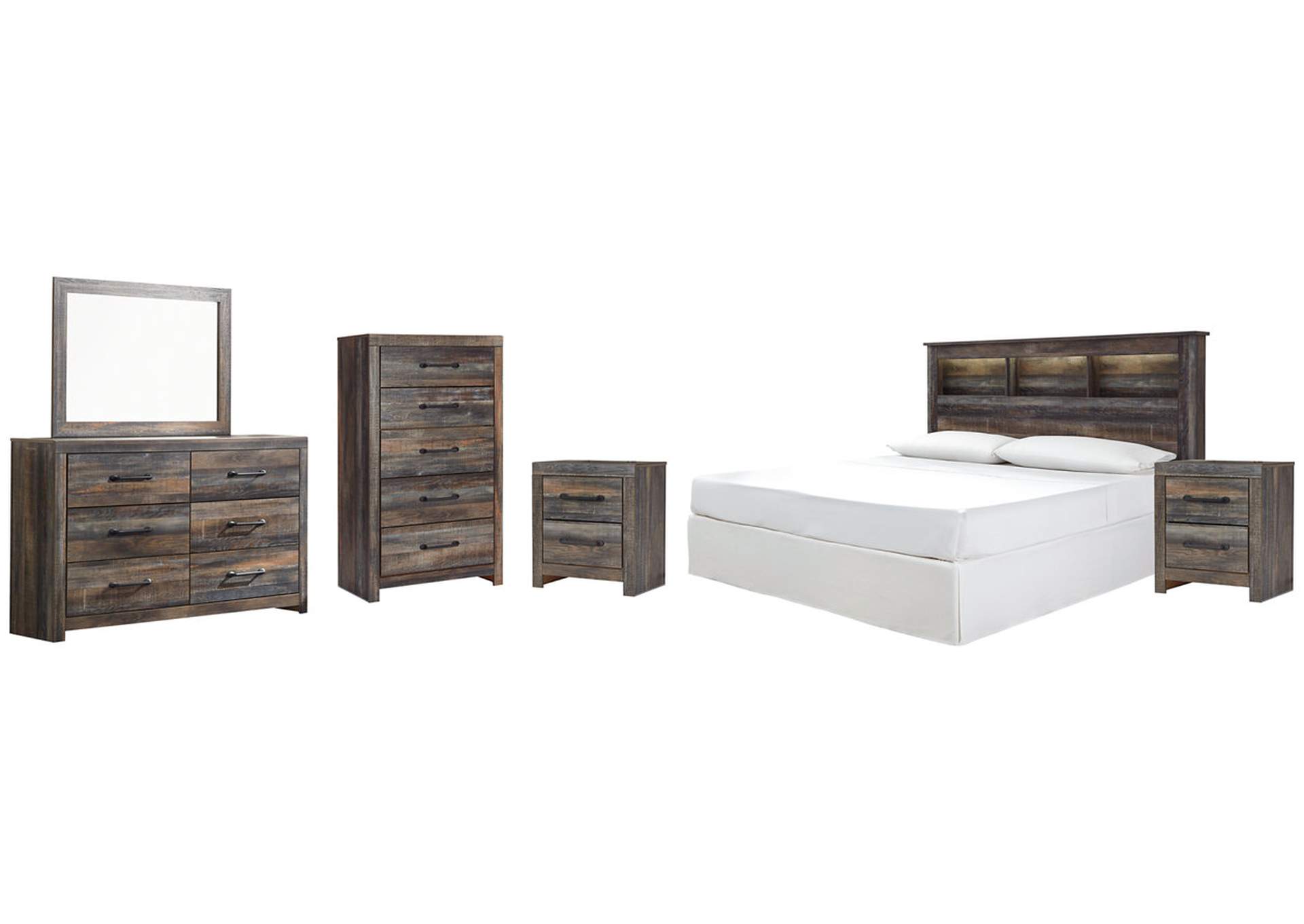 Drystan King/California King Bookcase Headboard Bed with Mirrored Dresser, Chest and 2 Nightstands,Signature Design By Ashley