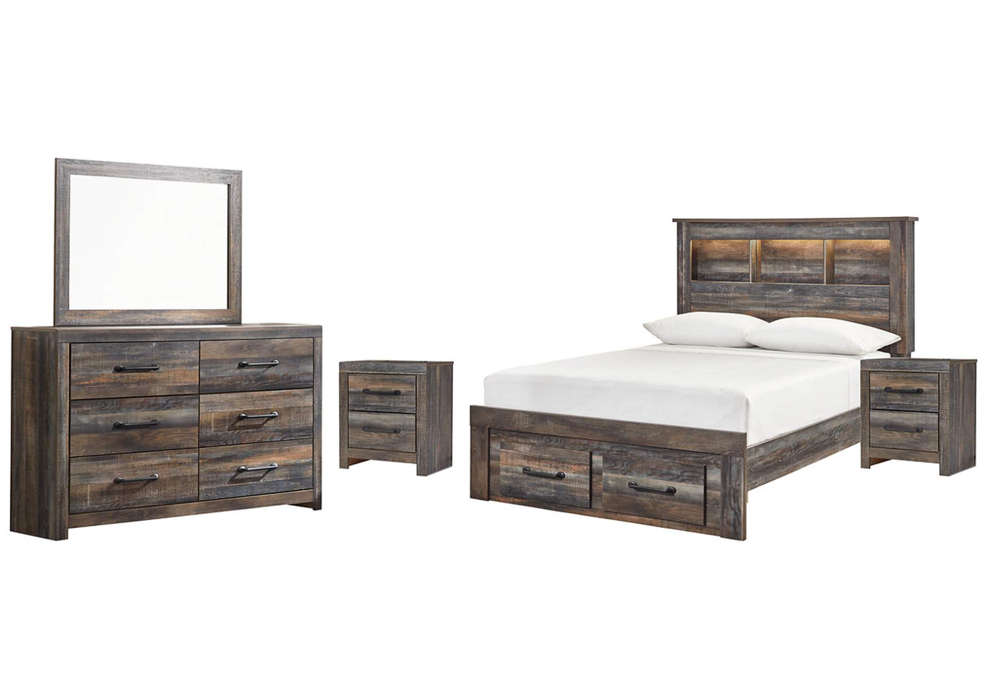 Drystan Full Bookcase Bed with 2 Storage Drawers with Mirrored Dresser and 2 Nightstands,Signature Design By Ashley