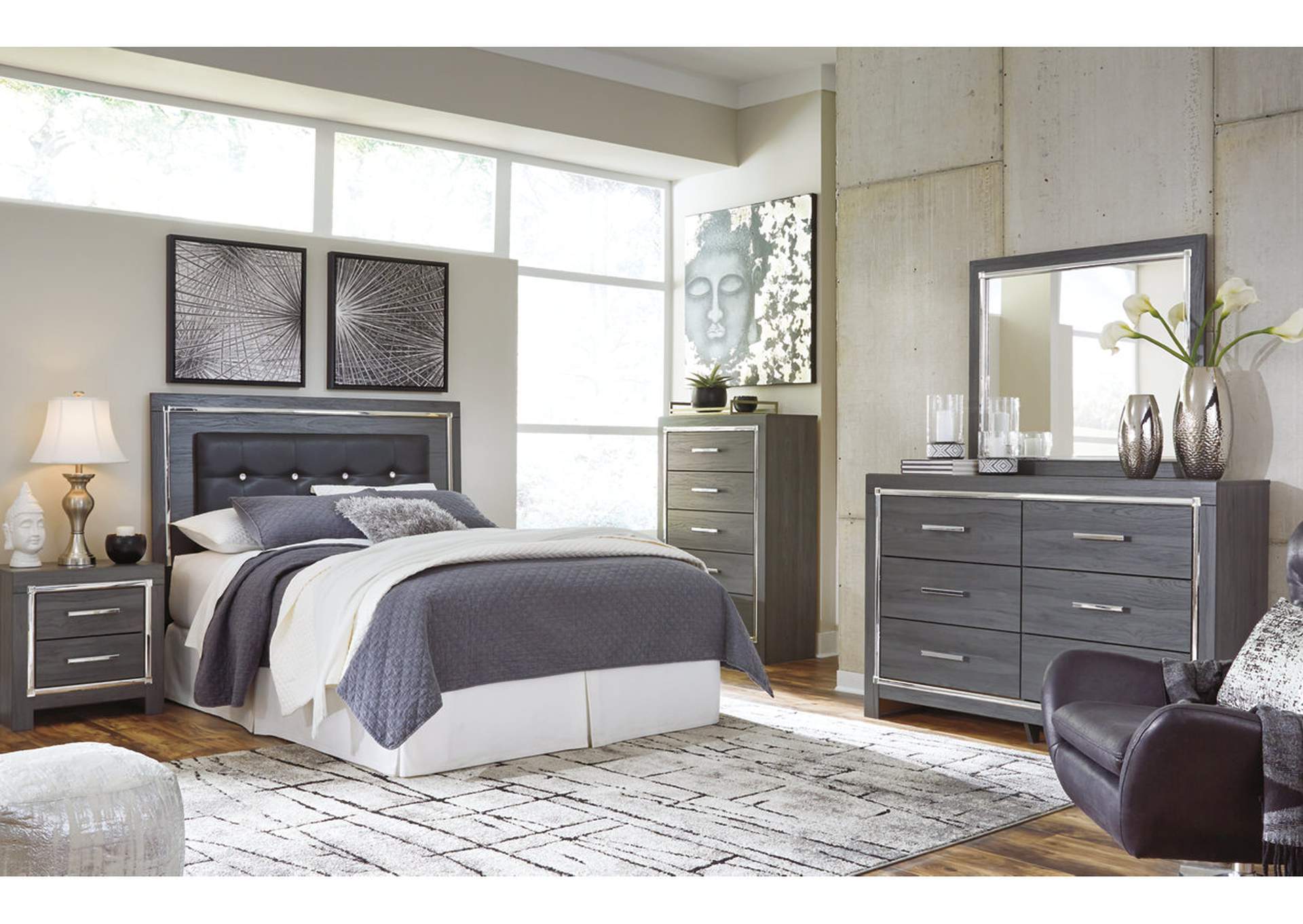 Lodanna Queen/Full Upholstered Panel Headboard Bed with Mirrored Dresser, Chest and 2 Nightstands,Signature Design By Ashley