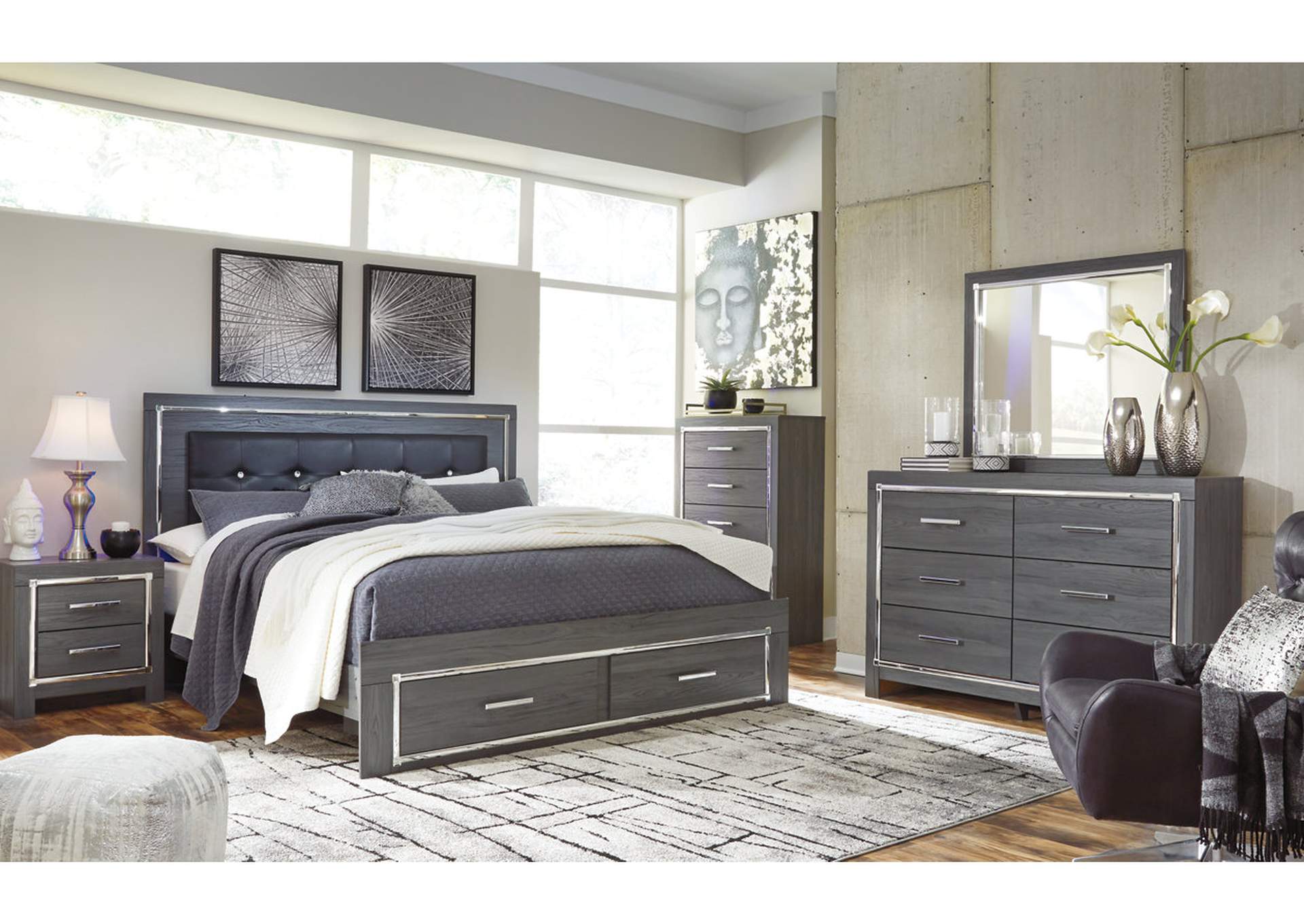 Lodanna King Panel Bed with 2 Storage Drawers with Mirrored Dresser and 2 Nightstands,Signature Design By Ashley