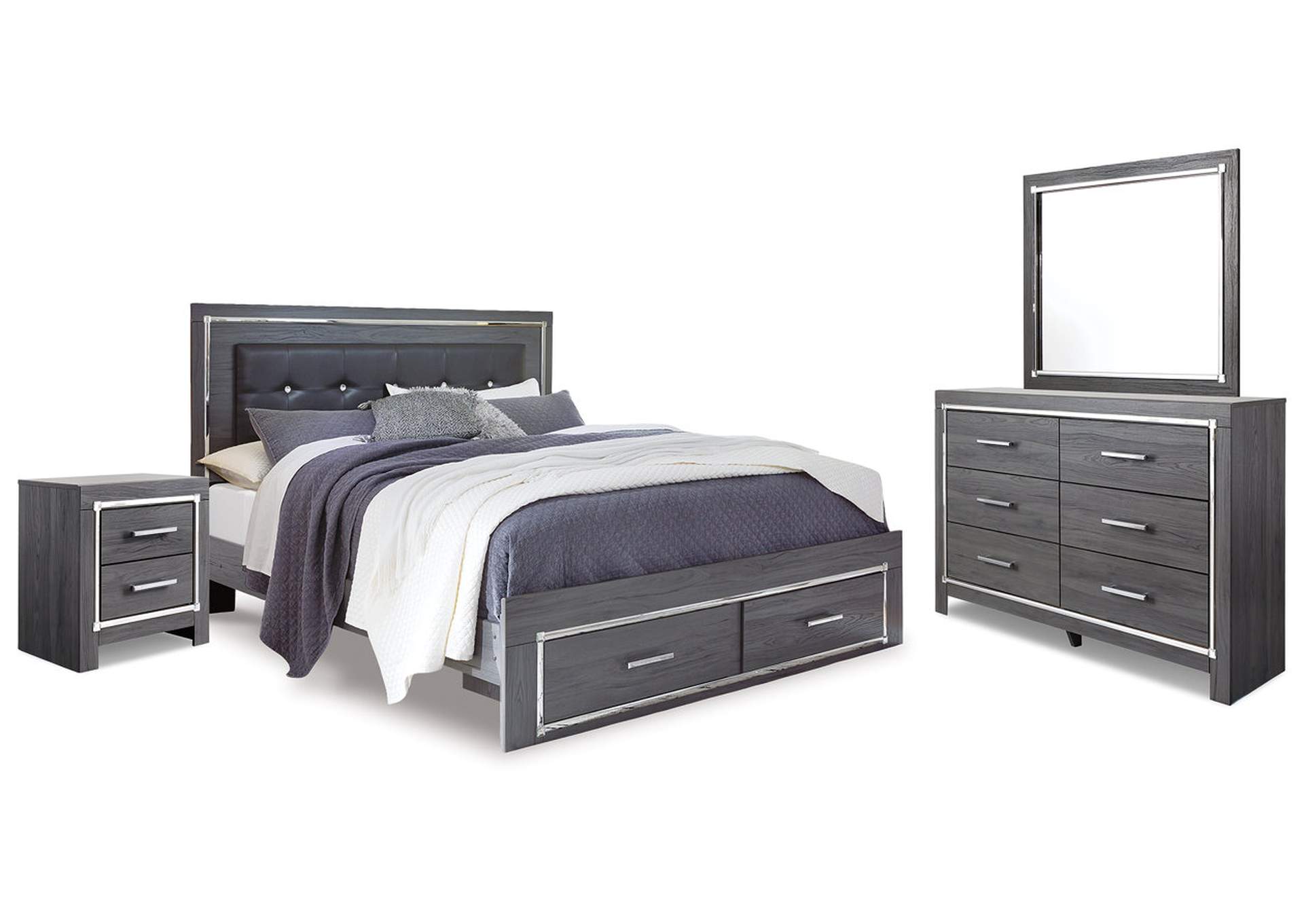 Lodanna King Panel Storage Bed with Mirrored Dresser and Nightstand,Signature Design By Ashley