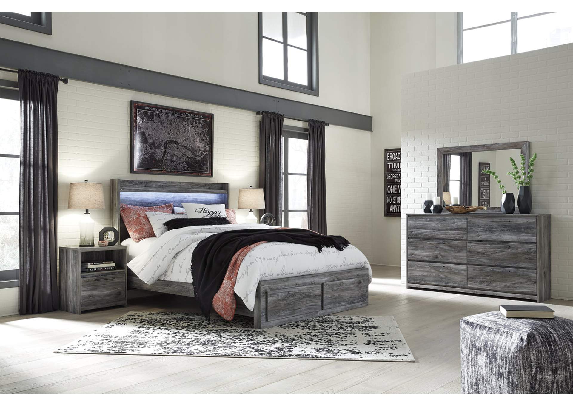 Baystorm Queen Panel Storage Bed with Mirrored Dresser and Nightstand,Signature Design By Ashley